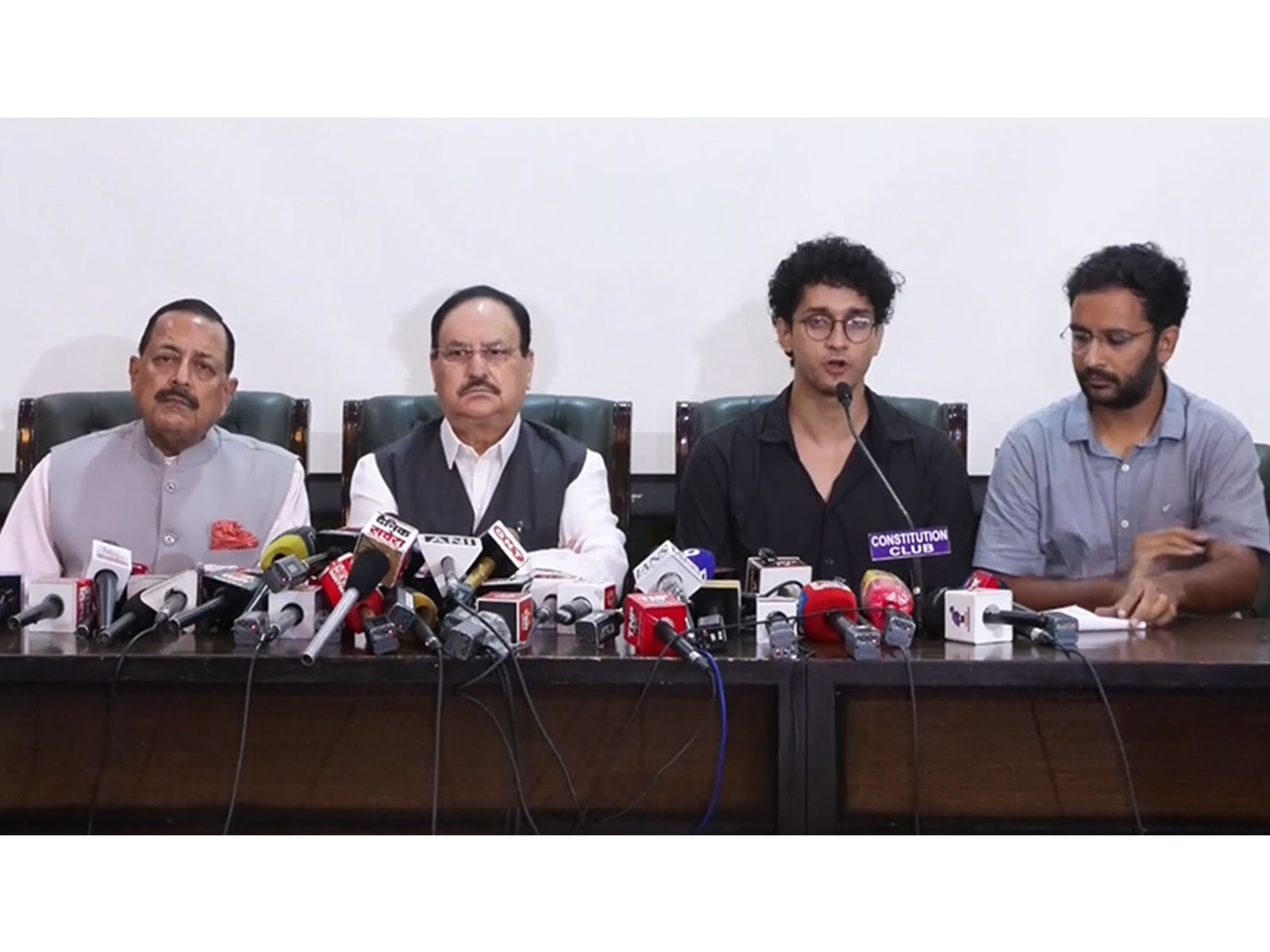 Union Ministers Jitendra Singh and JP Nadda with CJP spokespersons Saurav Das and Ashutosh Ranka (Photo/ANI)