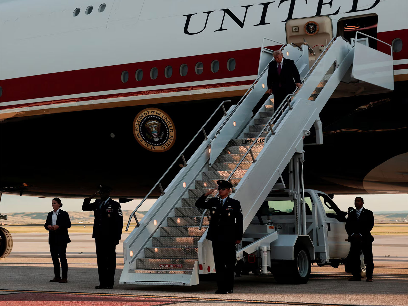 US President Donald Trump deboards the new Qatar-gifted Air Force One at Ellsworth Air Force Base in South Dakota. (Photo/Reuters)