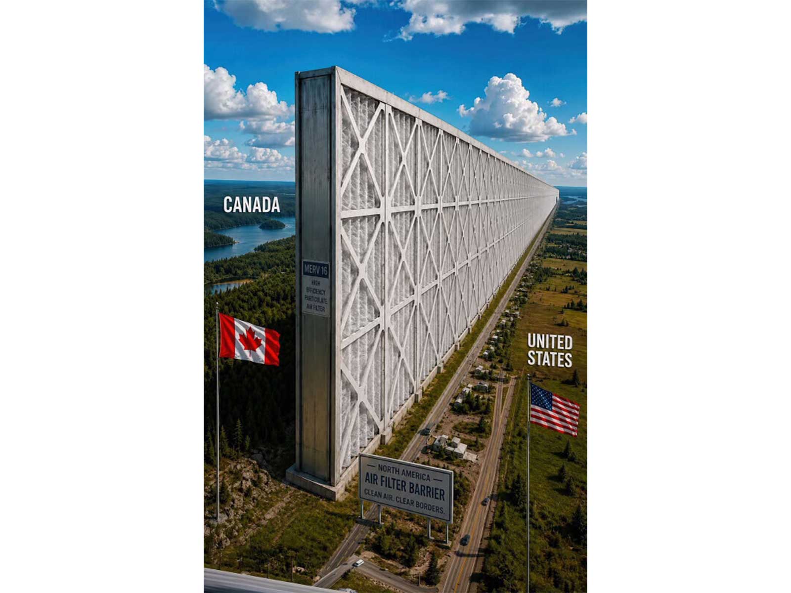 US President Donald Trump shares an AI-generated image showing a massive air filter barrier along the US-Canada border amid tensions over wildfire smoke. (Photo: Donald Trump/Truth Social)