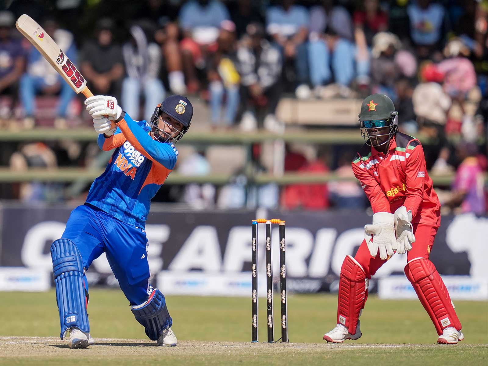 India's Vaibhav Sooryavanshi playing a shot against Zimbabwe. (Photo: X/ @BCCI)