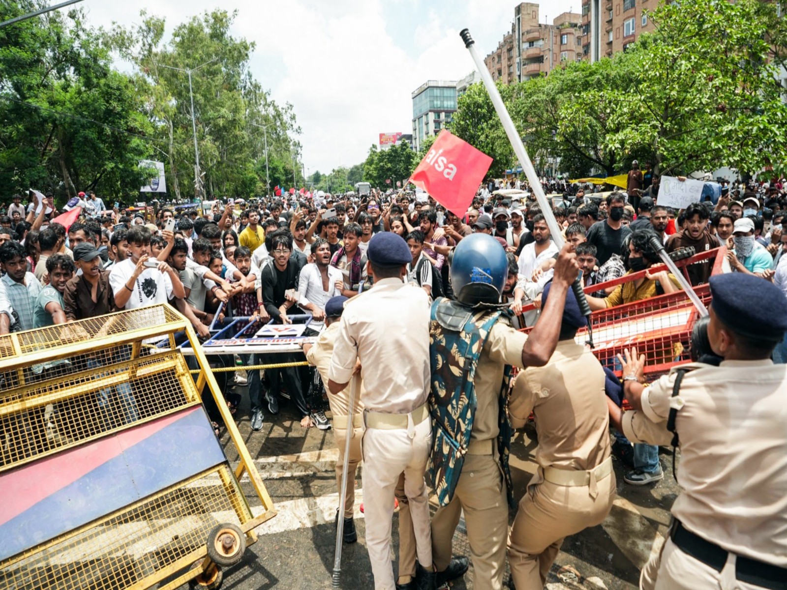 Police stop Cockroach Janta Party (CJP) protesters during the 'Chalo Sansad' march against alleged NEET exam irregularities, (File  Photo/ANI)