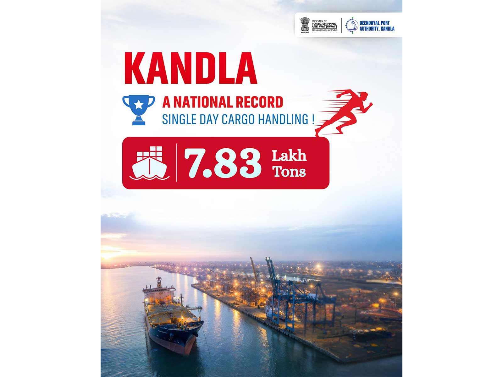 Deendayal Port Authority breaks own record with historic 7.83 lakh MT cargo handling (Photo/Kandla Port)
