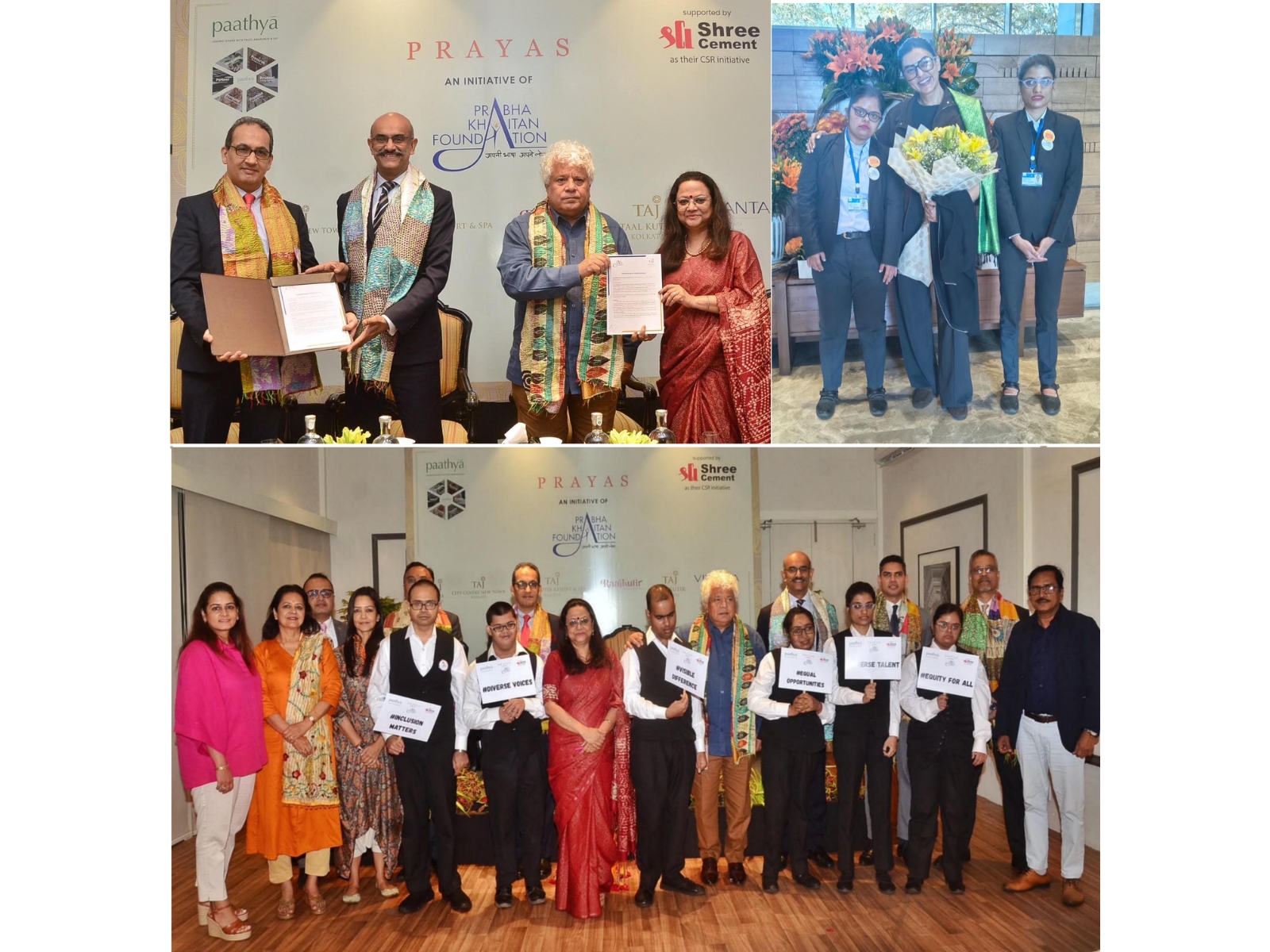 Parvinder Bual, K Mohanchandran, Suhel Seth, Anindita Chatterjee others at Taj Hotels-Prabha Khaitan Foundation Prayas MoU signing. Sushmita Sen with young recruits