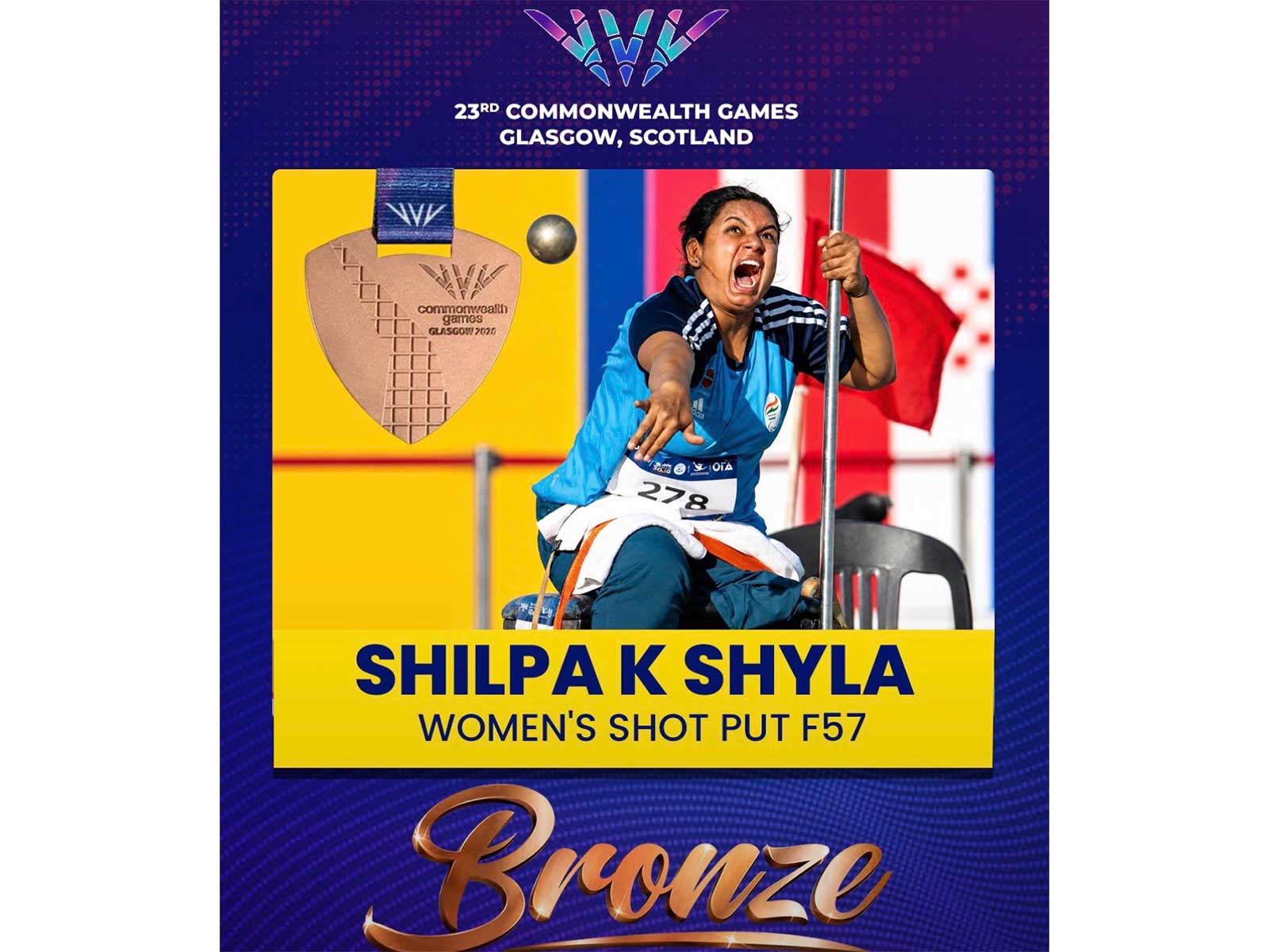 Shilpa K Shyla win bronze medal at Commonwealth Games 2026 at Glasgow (Photo: X/@CMofKarnataka)