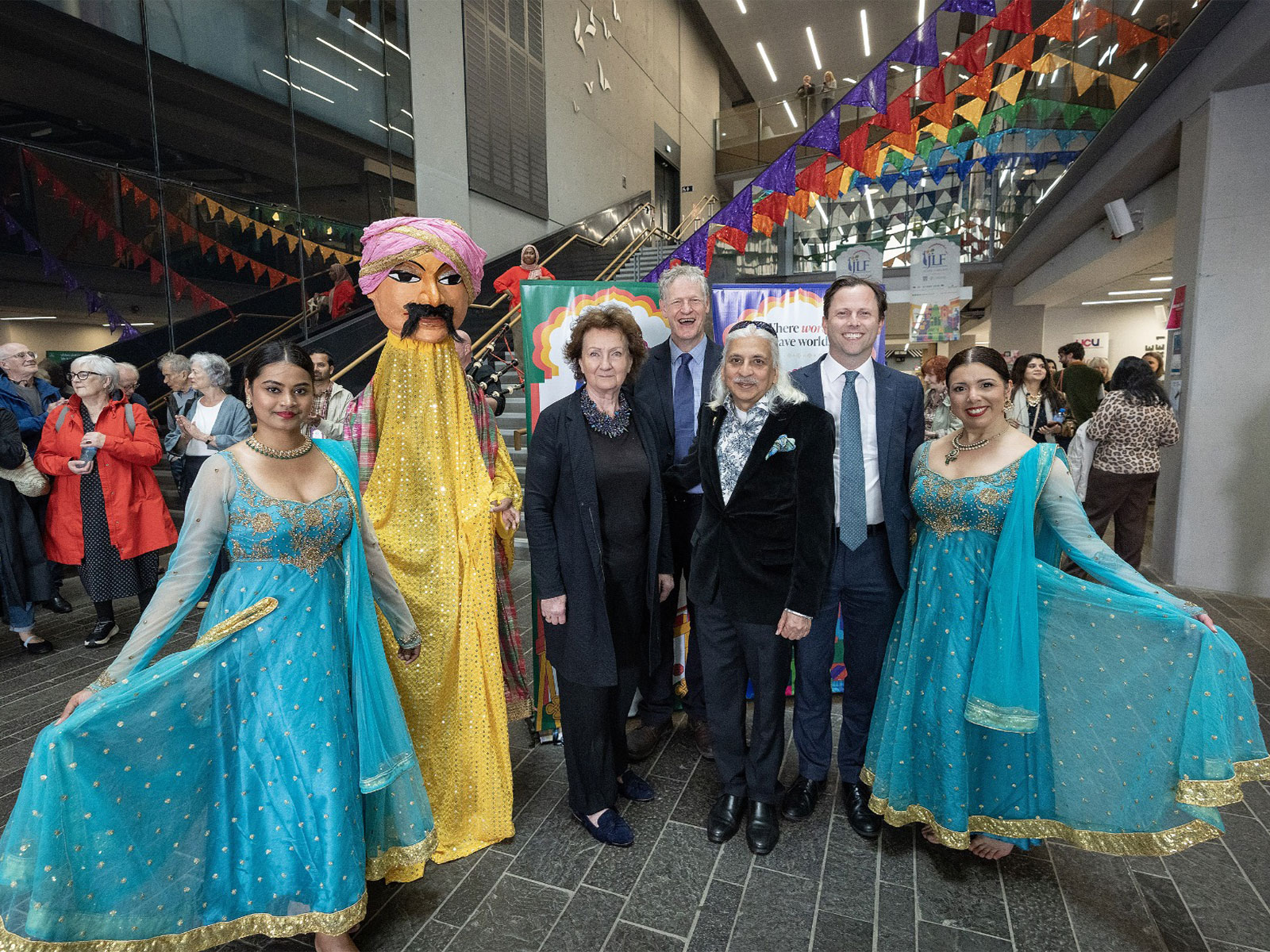 Pictured (L-R) at the opening of JLF Island of Ireland Belfast: Roisin McDonough, Arts Council NI; Prof Duncan Morrow, Ulster University; Sanjoy K. Roy; and Laurence Simms.