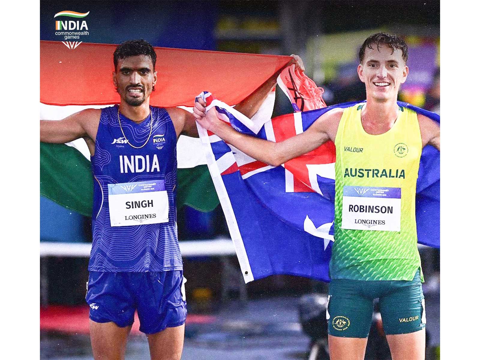 Indian long-distance runner Gulveer Singh (L) and Australia's Ky Robinson. (Photo: X/ @WeAreTeamIndia)