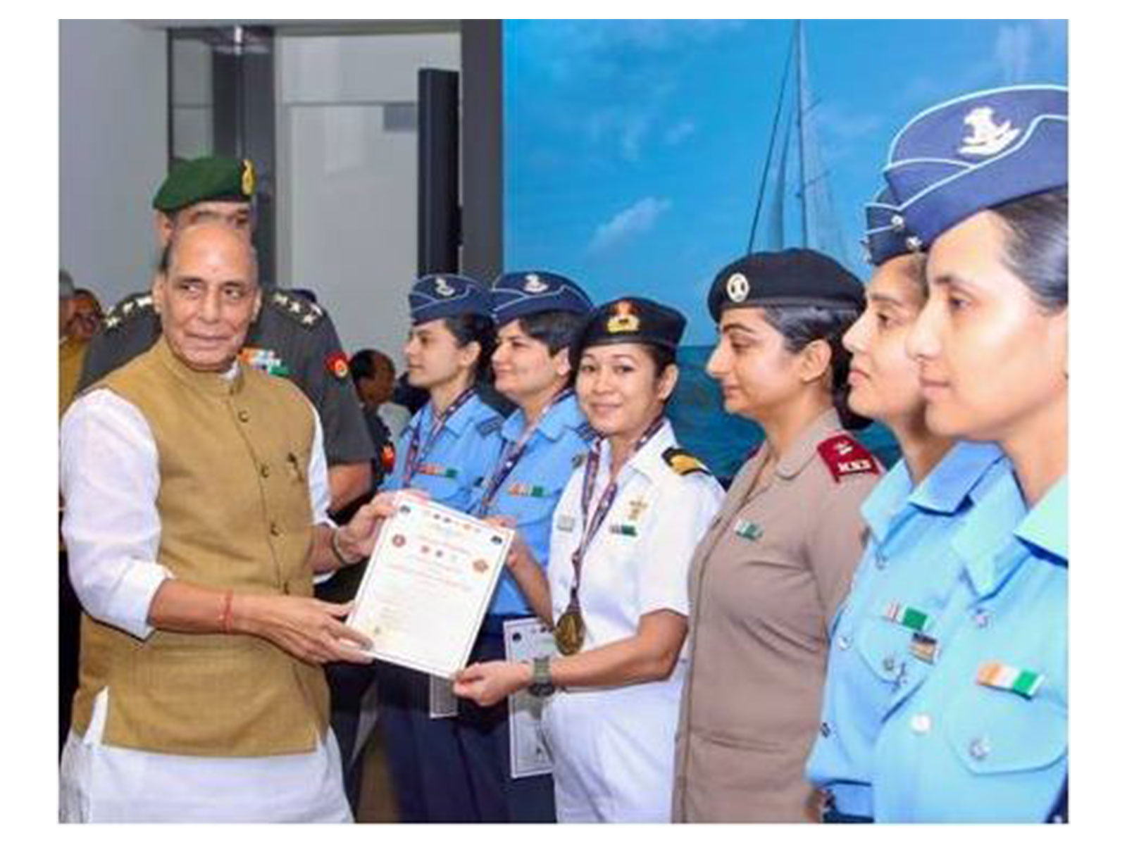 Defence Minister Rajnath Singh felicitates IASV Triveni crew (Photo/PIB)