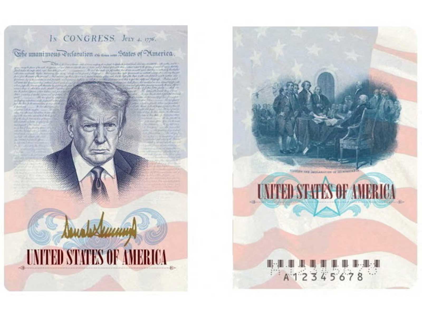 A rendering released by the State Department in Washington shows a US passport featuring the image and signature of US President Donald Trump. (Photo/Reuters)