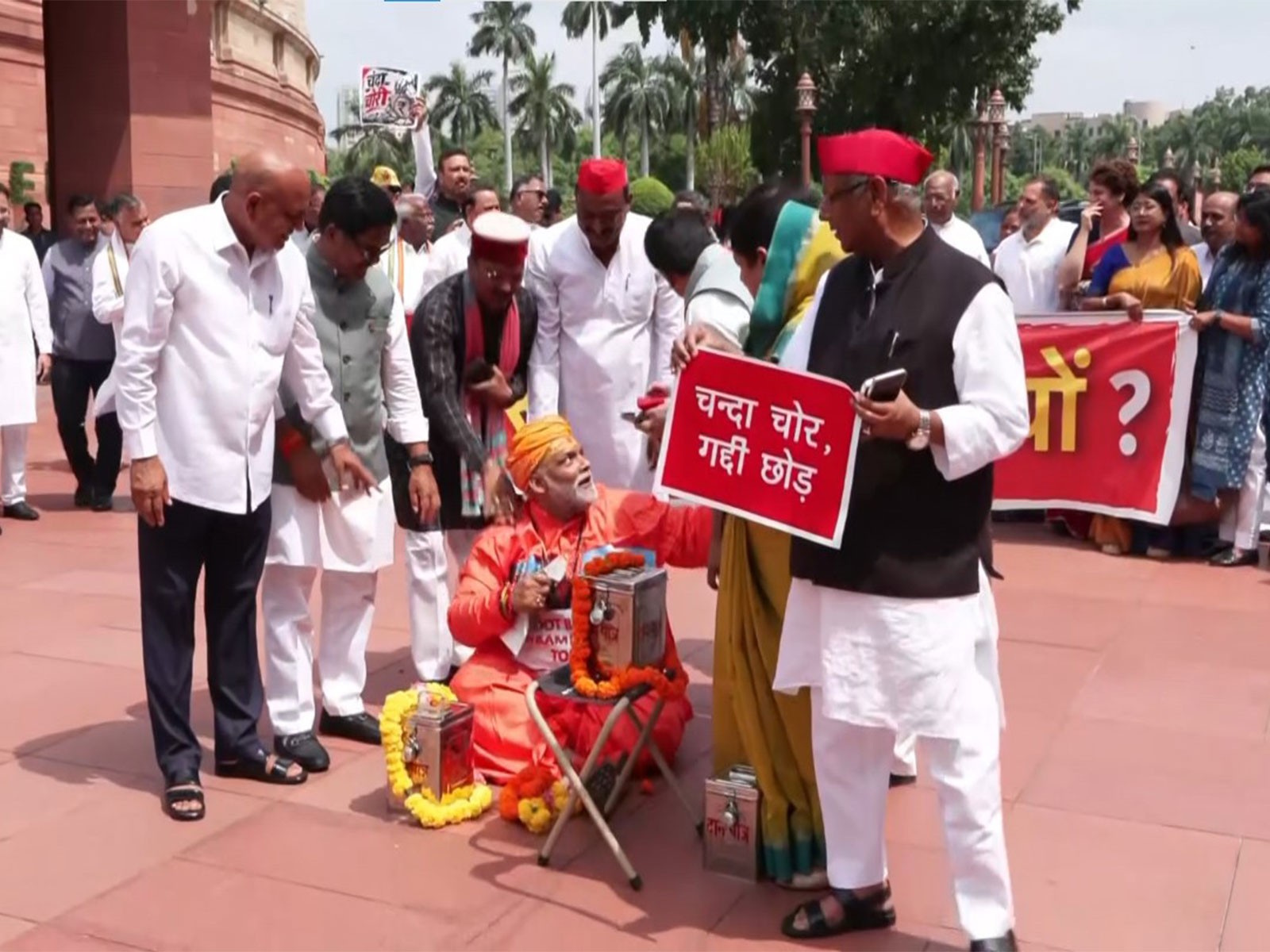 Pappu Yadav dressed as a temple priest in Parliament complex (Photo/ANI)