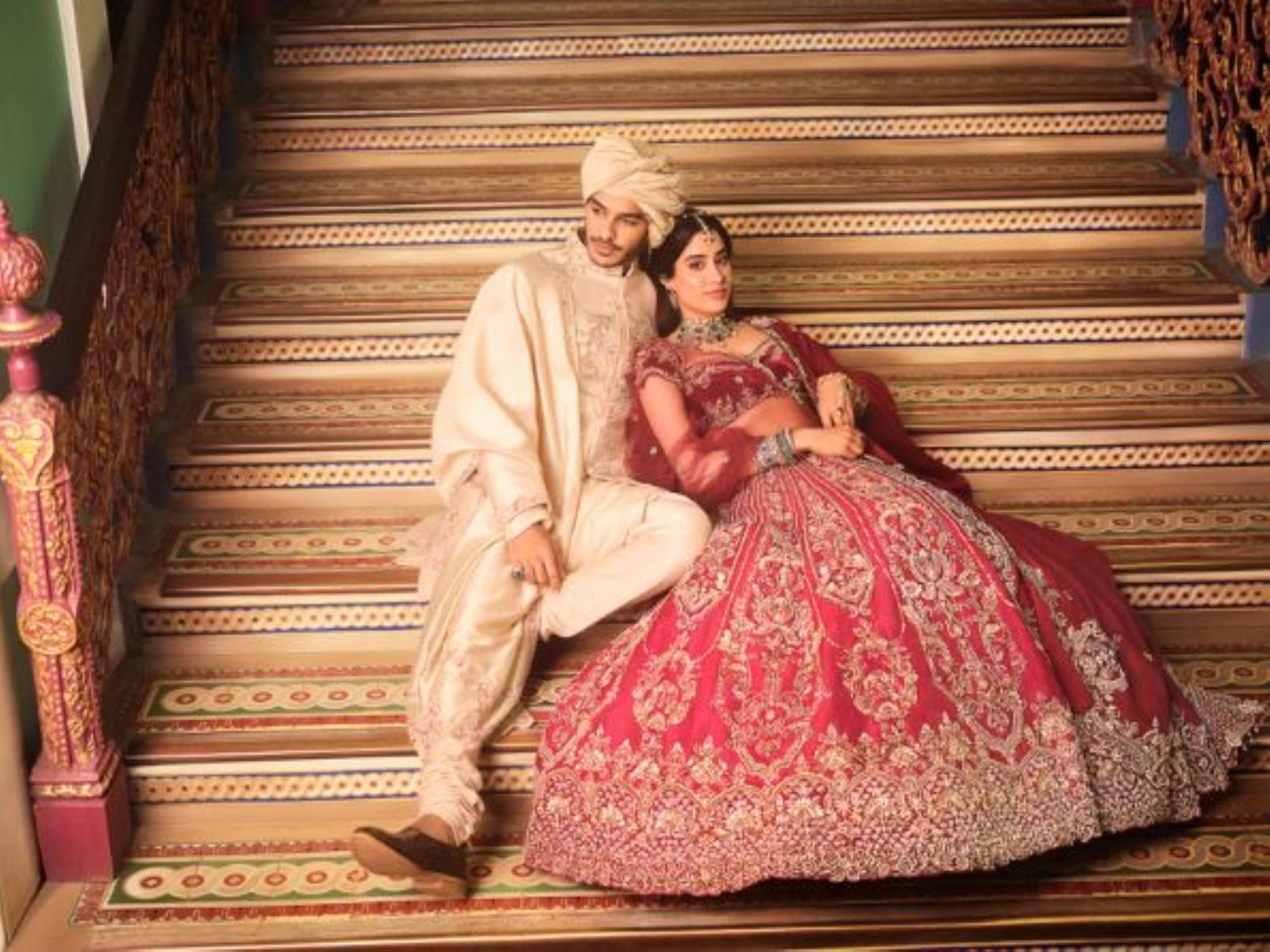 The actors front a new chapter of modern Indian celebration wear - unveiled through the campaign's first look: a crimson hand-embroidered bridal lehenga paired with a champagne ceremonial achkan