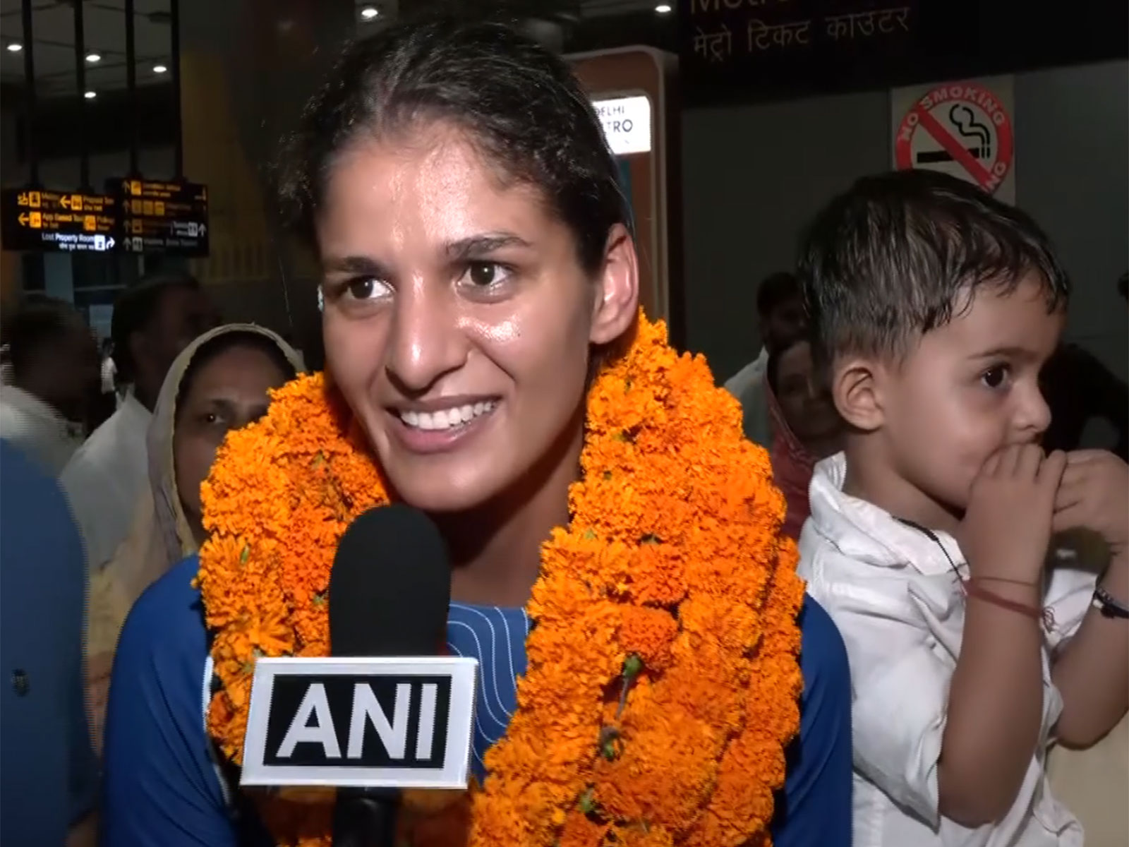 Jaismine Lamboria at IGI Airport in New Delhi (Photo: ANI)