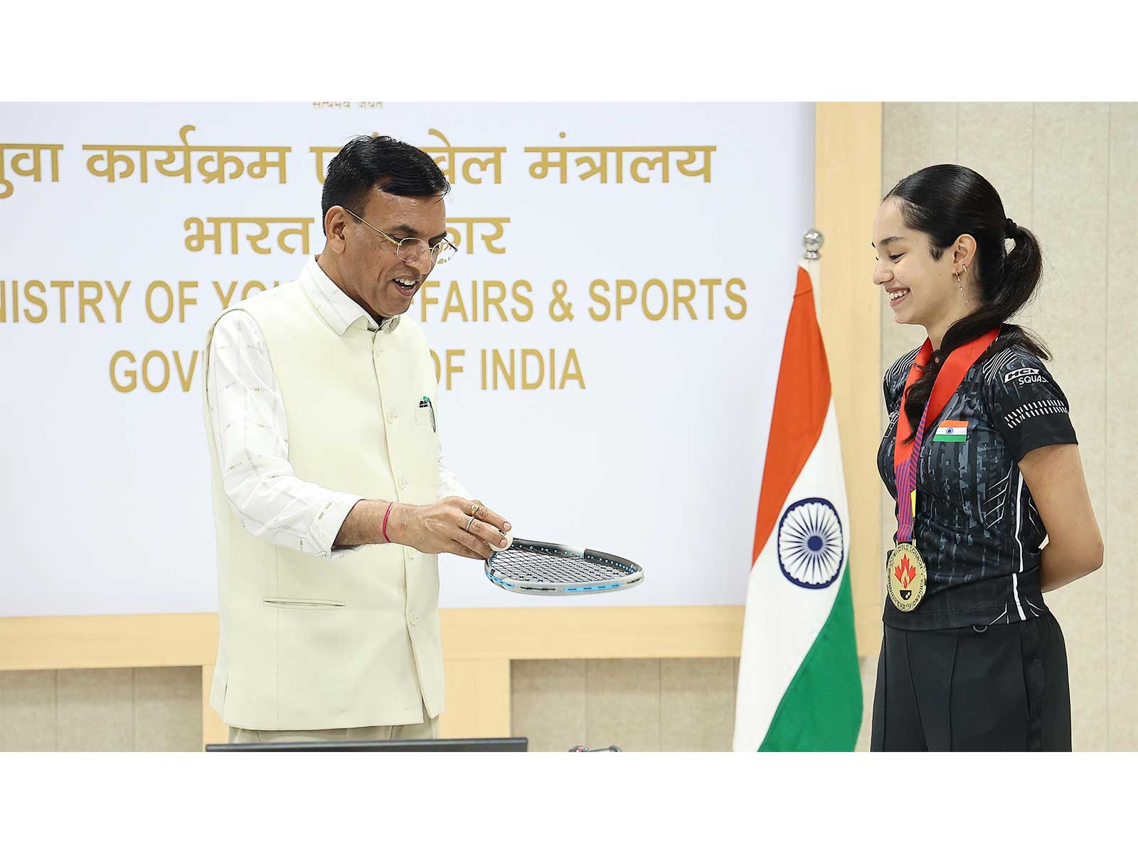 Union Sports Minister Mansukh Mandaviya with Anahat Singh. (Photo: ANI)