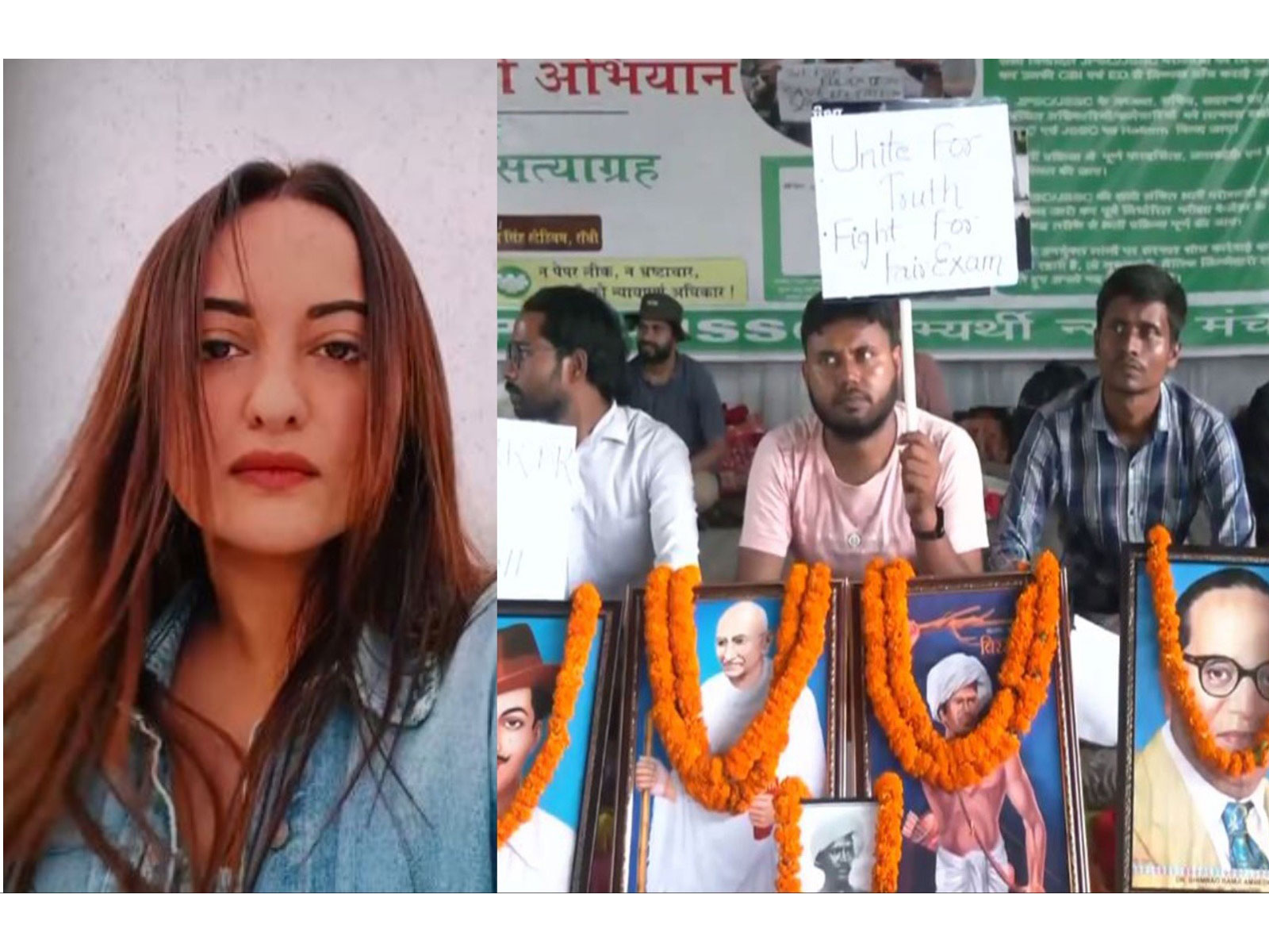 Sonakshi Sinha (Photo/Instagram@SonakshiSinha) and Students staged a protest in Ranchi (Photo/ANI)