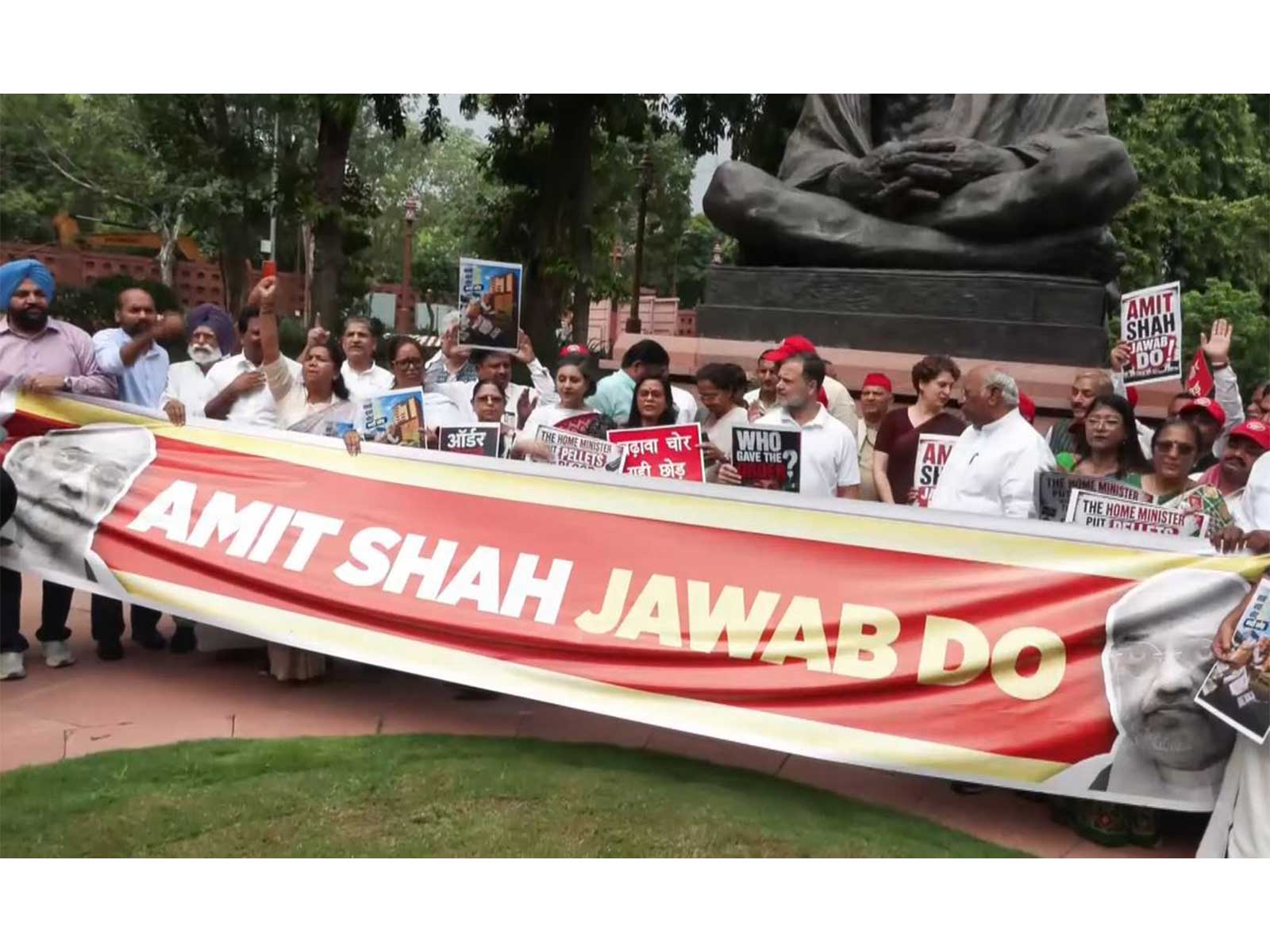 Visual from the protest in Parliament (Photo/ANI)