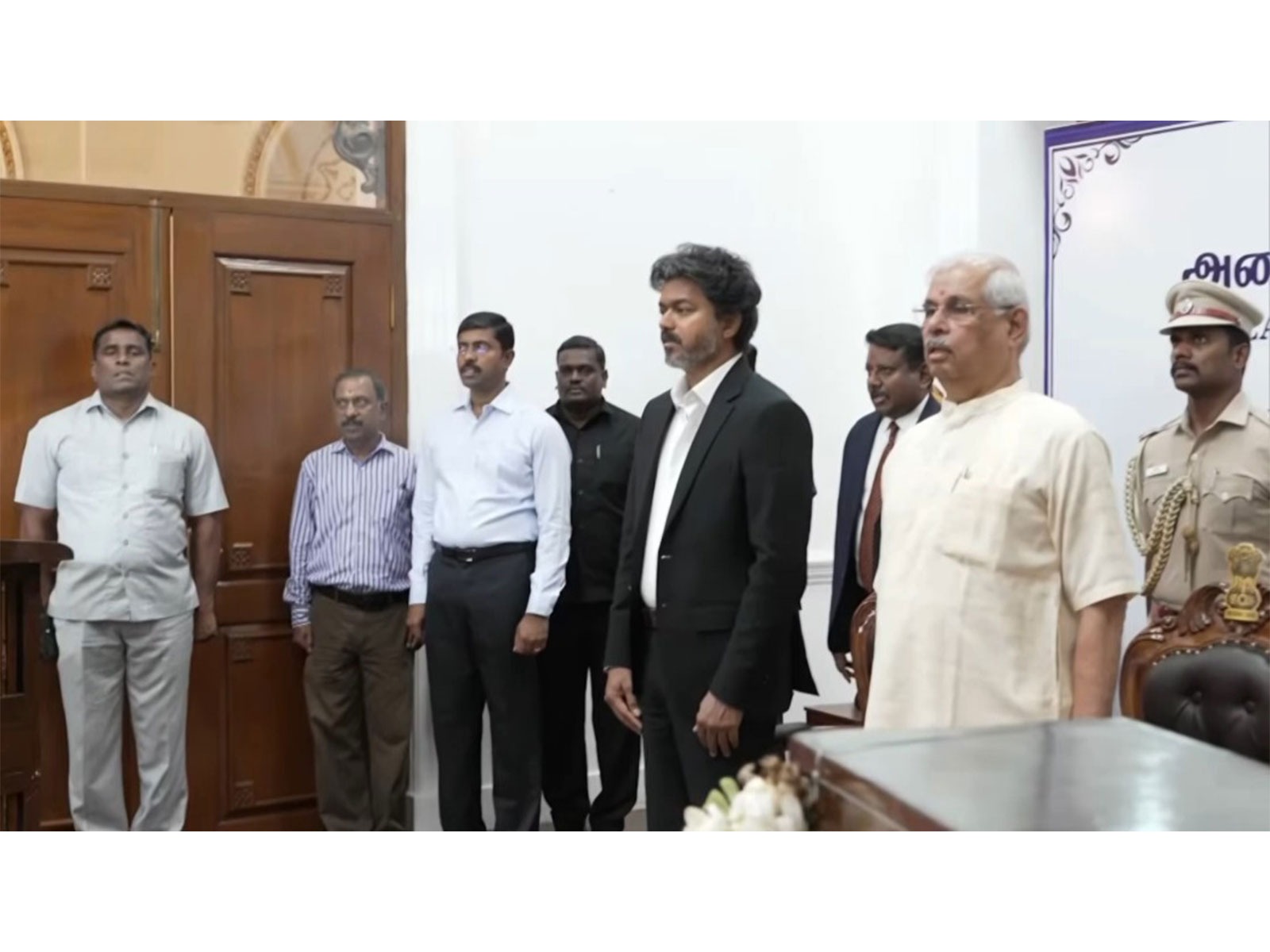 TN CM C. Joseph Vijay and Governor Rajendra Viswanath Arlekar during the national anthem (File photo/ANI)