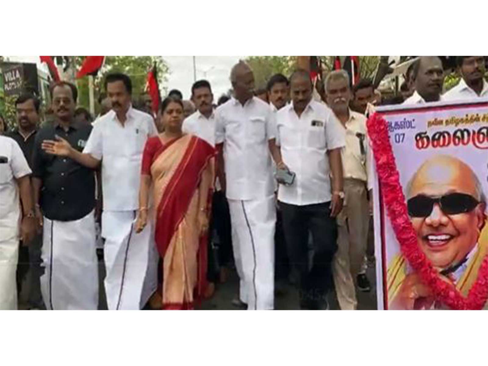 DMK workers take part in a peace rally in Thoothukudi on M. Karunanidhi's 8th death anniversary. (Photo: ANI)