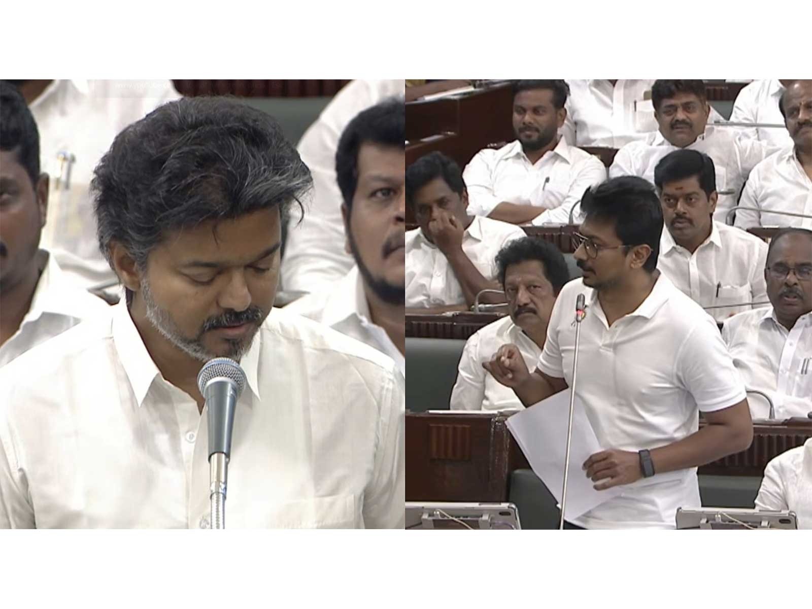 Tamil Nadu CM Vijay and LoP Udhayanidhi Stalin (Photo/Tamil Nadu Assembly YouTube)