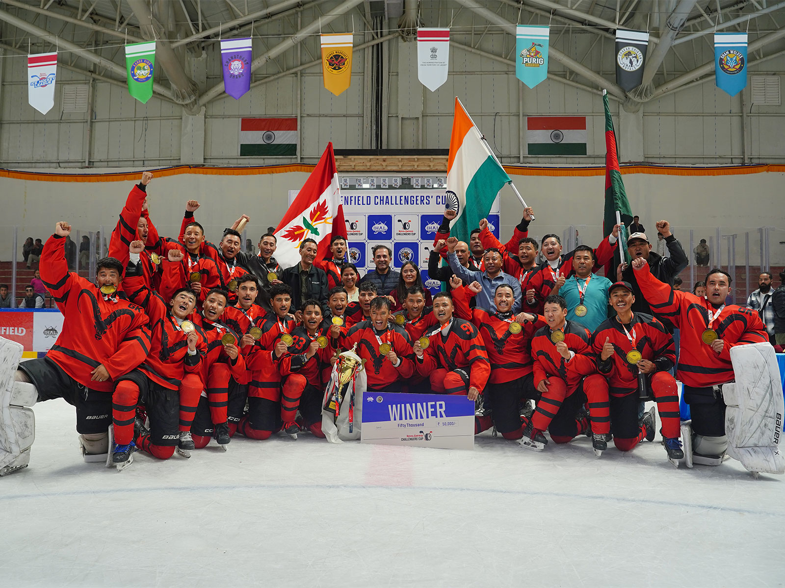 The Indian Army Ice Hockey Team celebrating their win with the trophy (Photo: Royal Enfield Challengers' Cup)