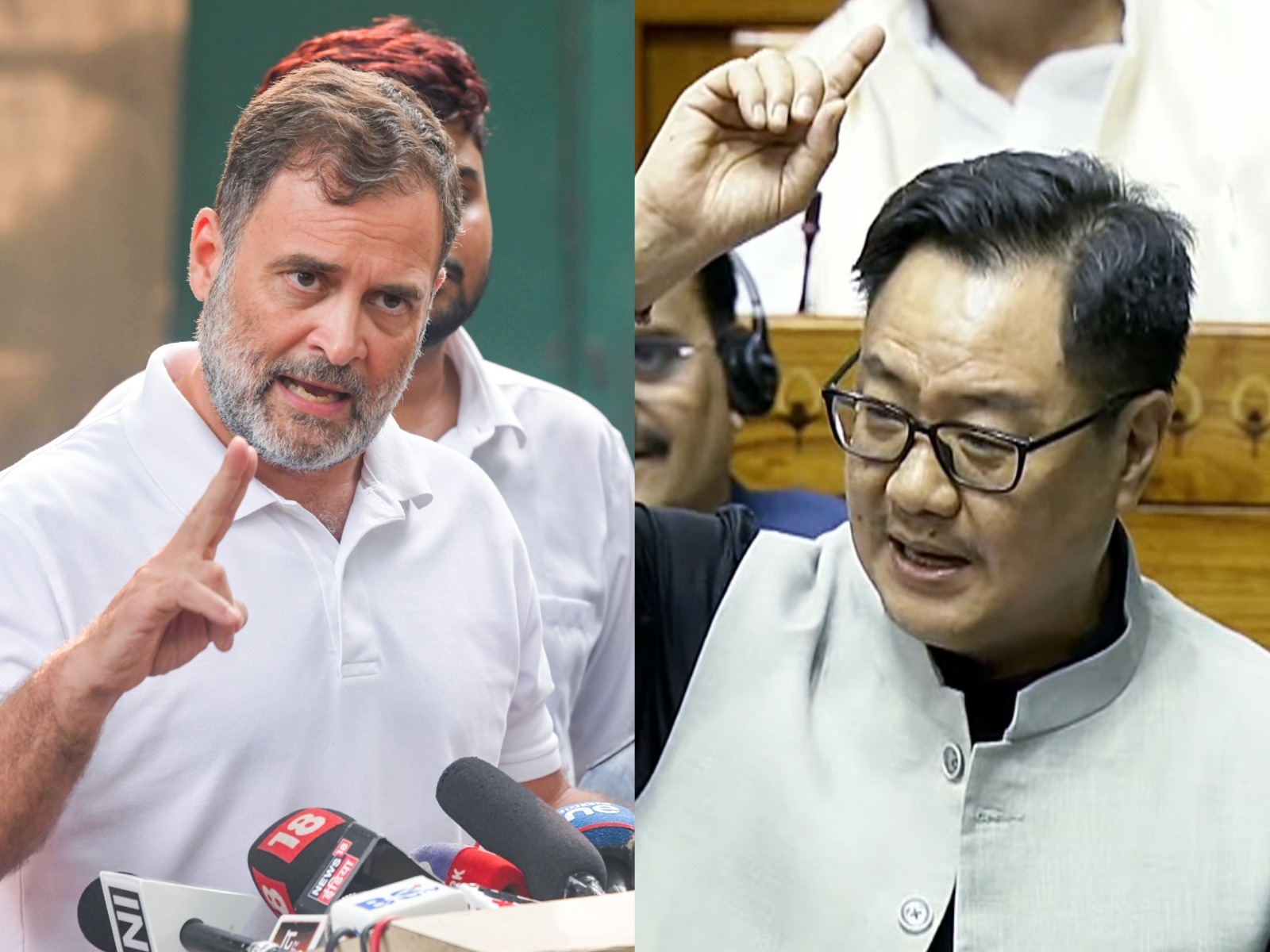 LoP in Lok Sabha Rahul Gandhi and Union Minister Kiren Rijiju (Photo/ANI)