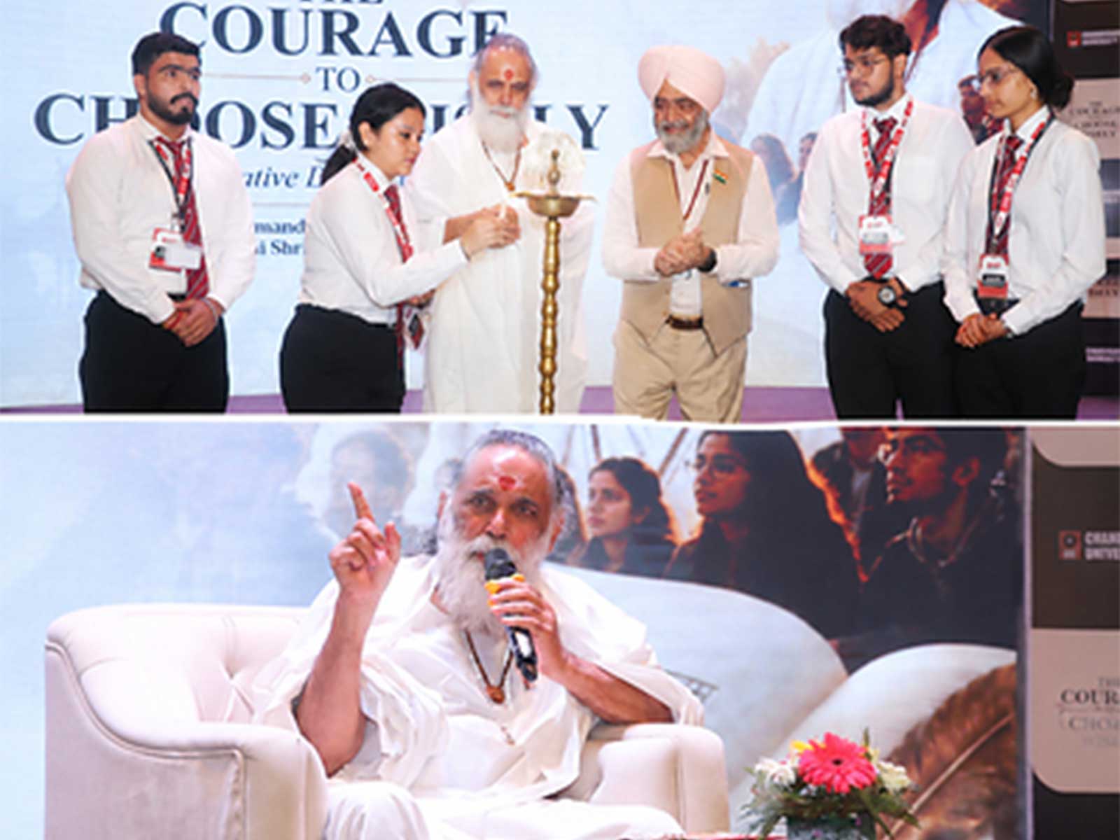 Mahamandleshwar Gita Manishi Swami Shri Gyananand Ji Maharaj along with Chandigarh University officials during dialogue with Gen Z on Gita clarity at campus