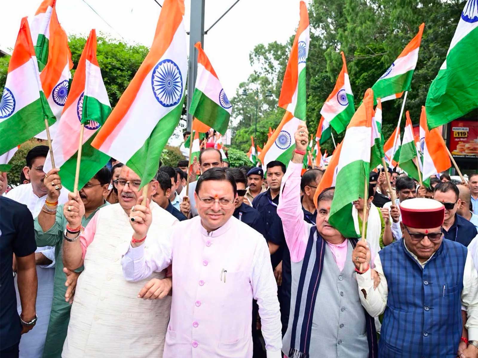Uttarakhand Chief Minister Pushkar Singh Dhami during the 'Har Ghar Tiranga Yatra' in Dehradun (Photo/x/@pushkardhami)