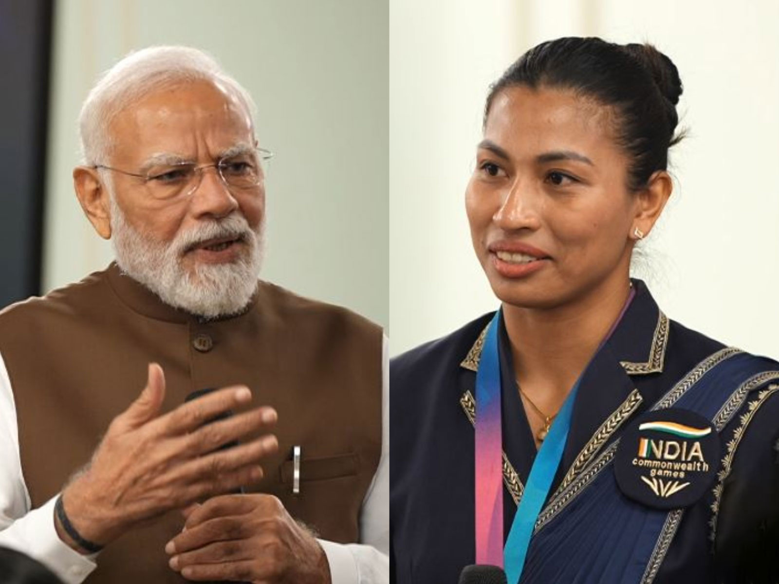 Narendra Modi (L) and Lovlina Borgohain (R) (Photo: ANI/DD)