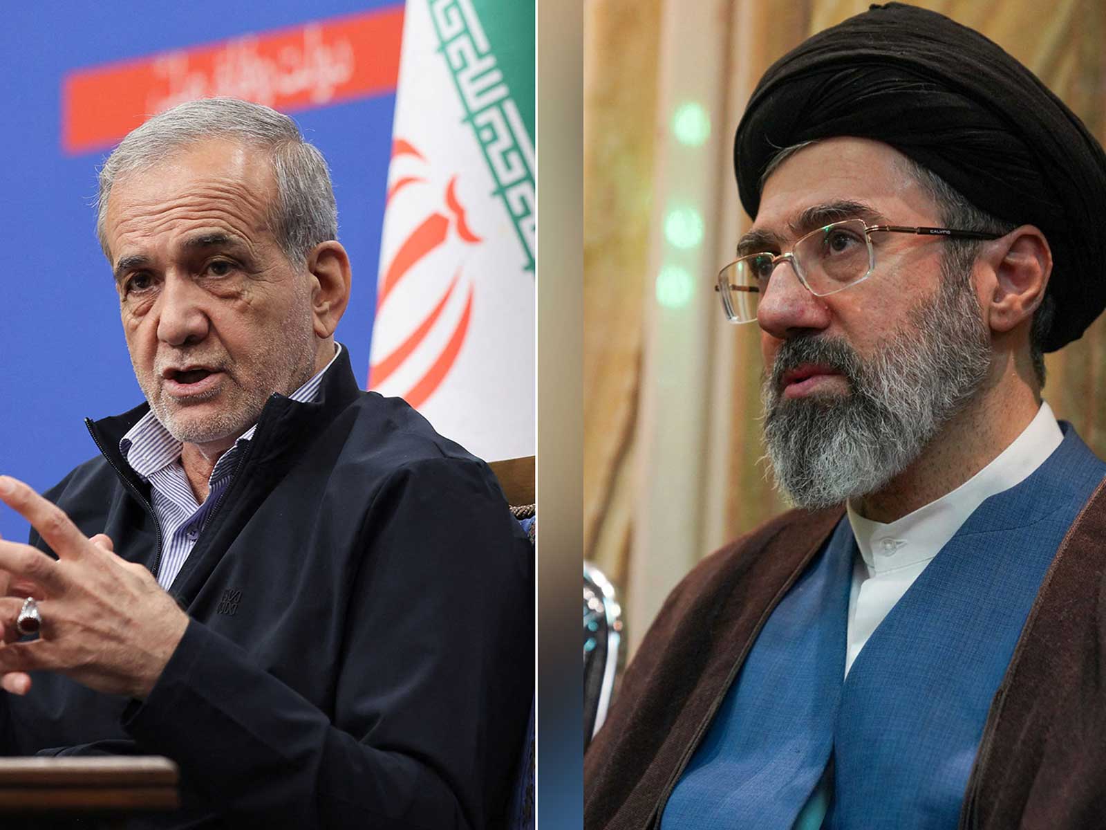 Iran President Masoud Pezeshkian (L) and Supreme Leader Mojtaba Khamenei (R) (File Photos/Reuters)