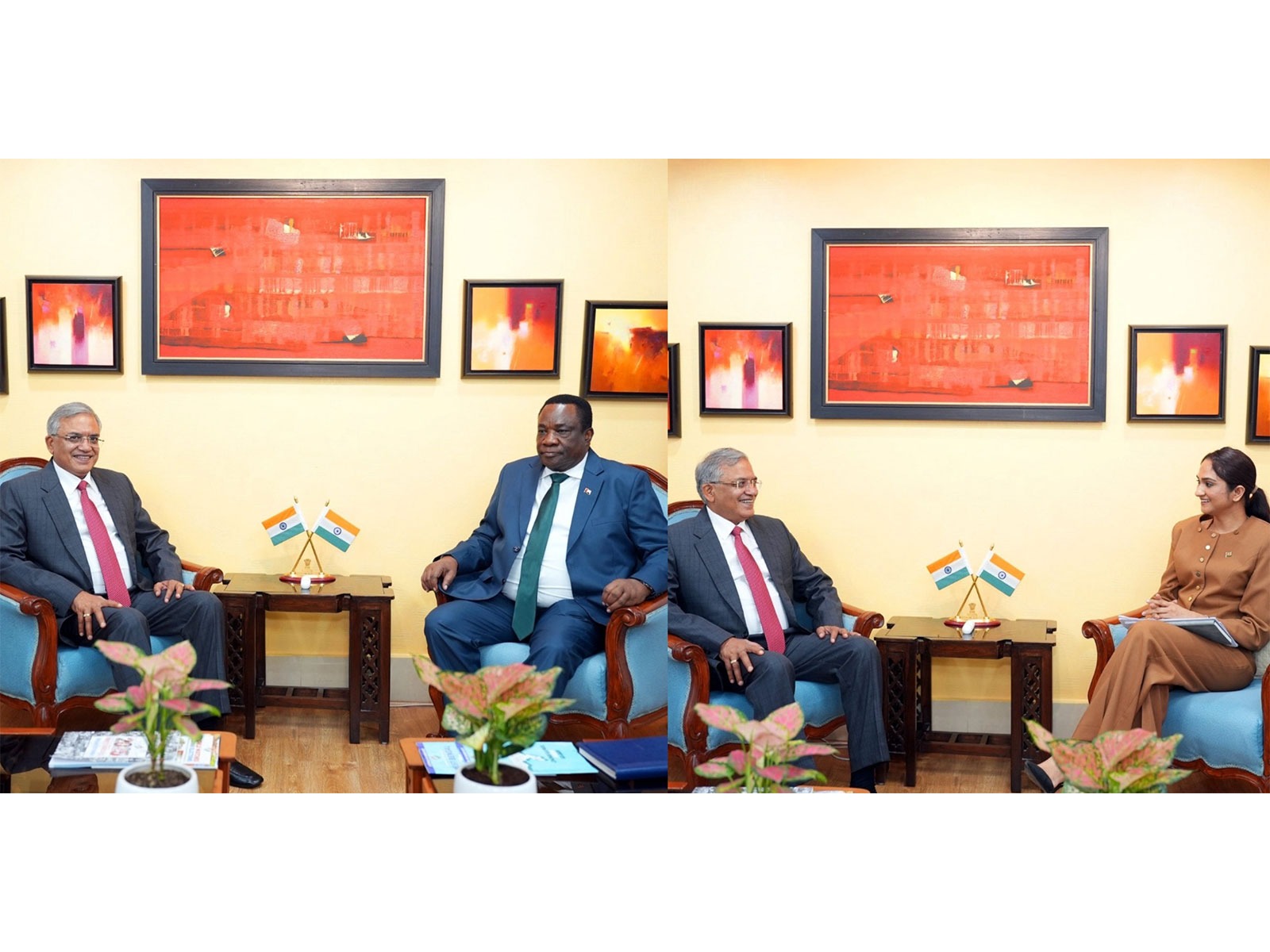 Chief Election Commissioner Gyanesh Kumar meets the Ambassador of Angola to India, Clemente Camenha (Left) and the Ambassador of Suriname to India, Hanisha Jairam, at Nirvachan Sadan in New Delhi (Photo/X/@ECISVEEP)