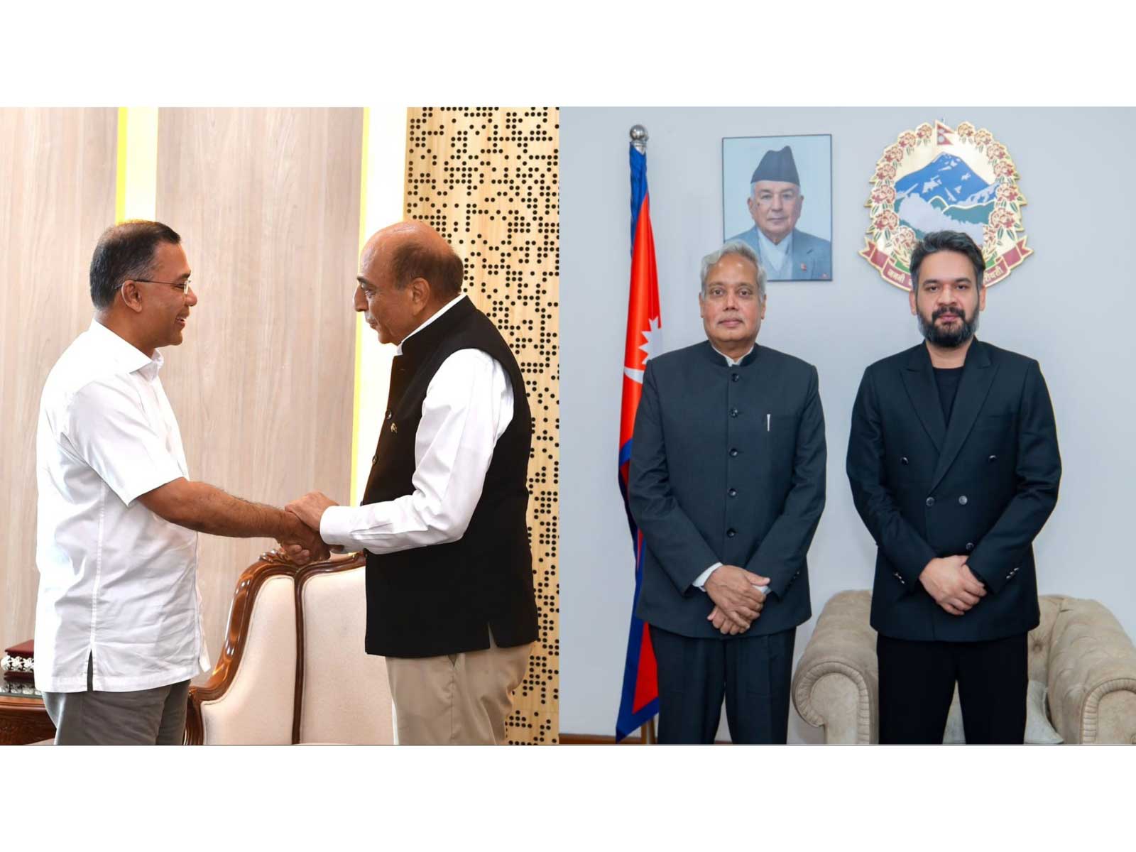 Indian High Commissioner to Bangladesh Dinesh Trivedi meets Bangladesh Prime Minister Tarique Rahman,  while Indian Ambassador to Nepal Naveen Srivastava meets Nepal Prime Minister Balendra Shah to discuss strengthen(Photos: Bangladesh PMO/Nepal PMO)