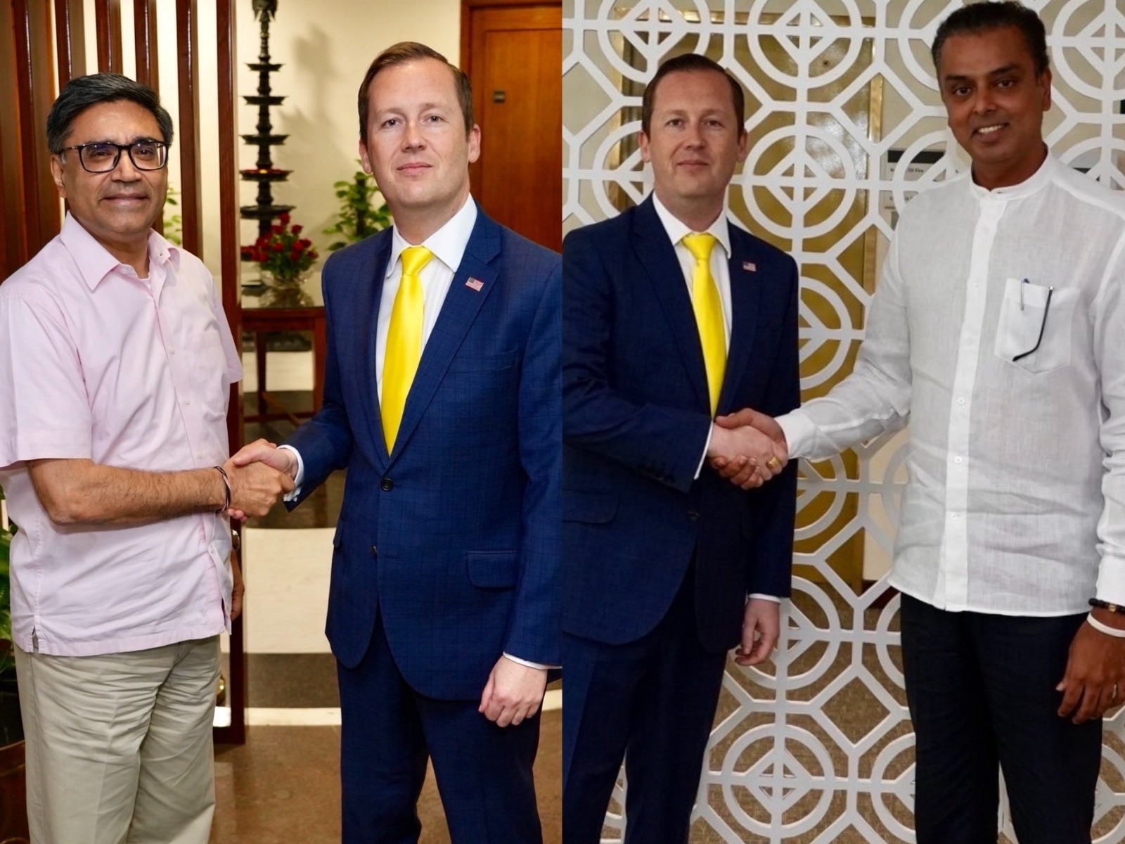 US Ambassador to India Sergio Gor holds separate meetings with Foreign Secretary Vikram Misri (Left) and Shiv Sena Rajya Sabha MP Milind Deora (Photo/X/@USAmbIndia)