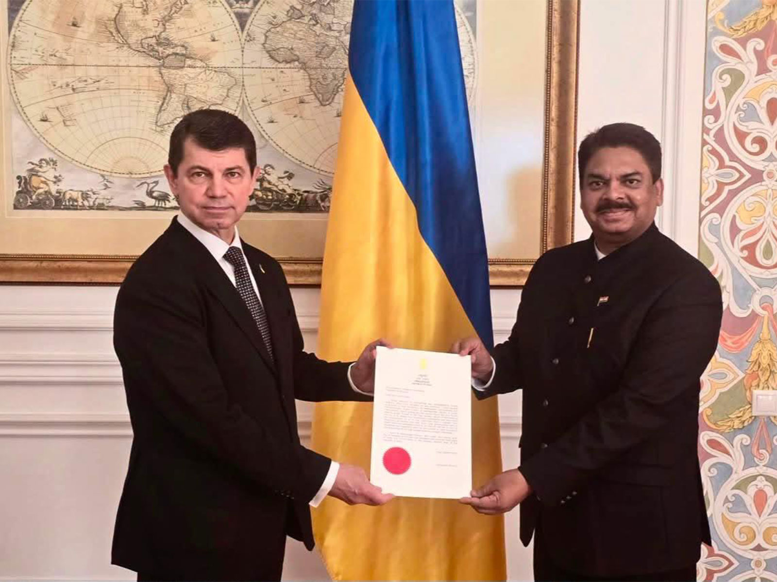 India's Ambassador-designate to Ukraine, Anjani Kumar presents a copy of his 'Letter of Credence' to Ukraine's Deputy Foreign Minister Olexandr Mischenko (Photo/X/@IndiainUkraine)