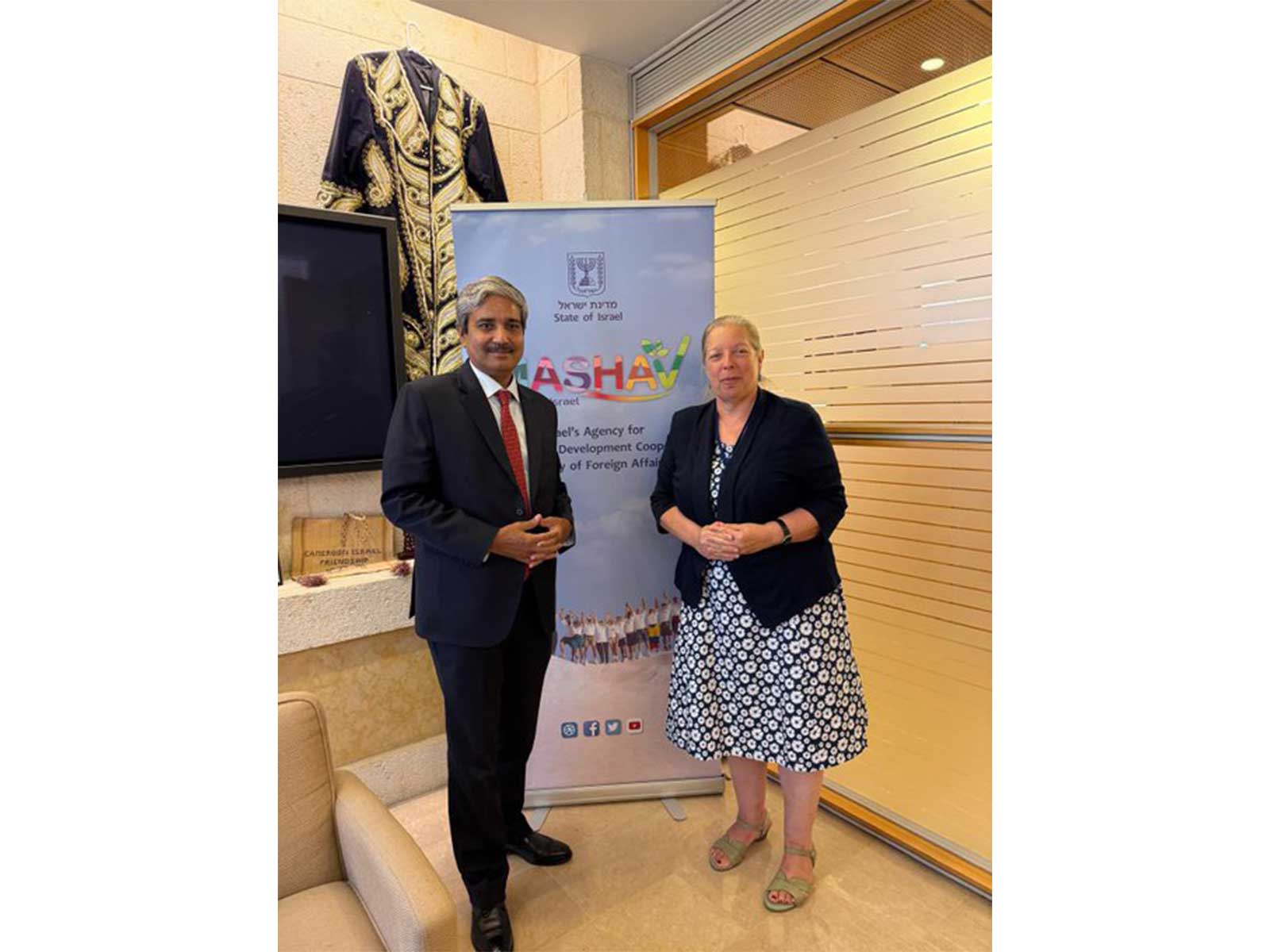 Indian Ambassador to Israel, JP Singh, meets Eynat Shlein, Head of MASHAV, Israel's Agency for International Development Cooperation, in Jerusalem. (Photo: X/@indemtel)