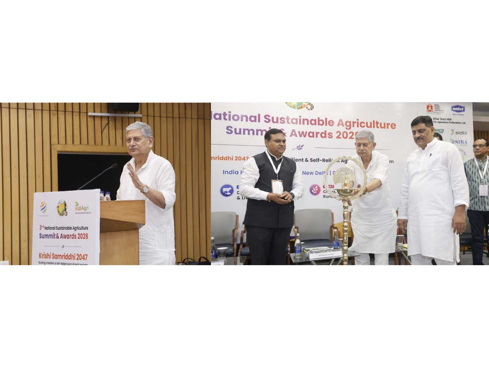 Union Minister Lalan Singh lights the ceremonial lamp at Sustainable Agriculture Summit 2026, with Rajya Sabha MP Sanjay Kumar Jha and NDDB Chairman Dr. Meenesh Shah
