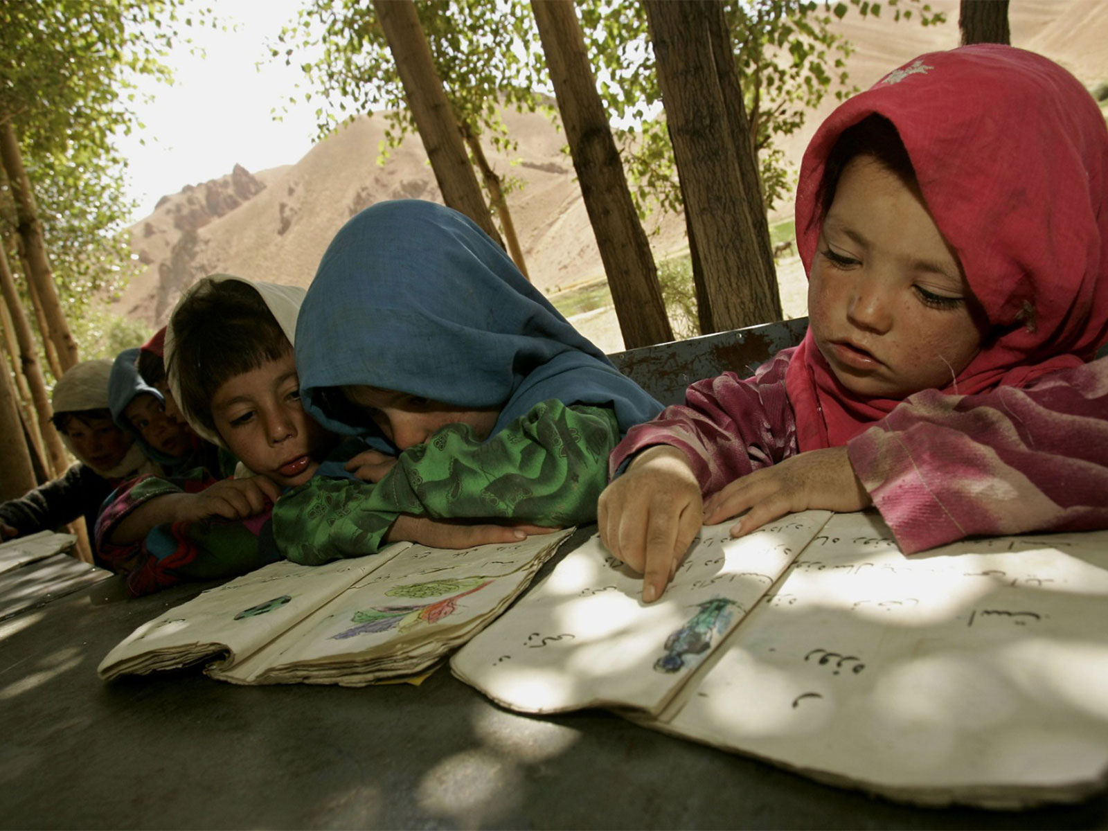 Afghan schoolgirls read a book at a class at the Bariky Chaedam primary school in the outskirts of Bamiyan August 31, 2005 (File Photo/Reuters)