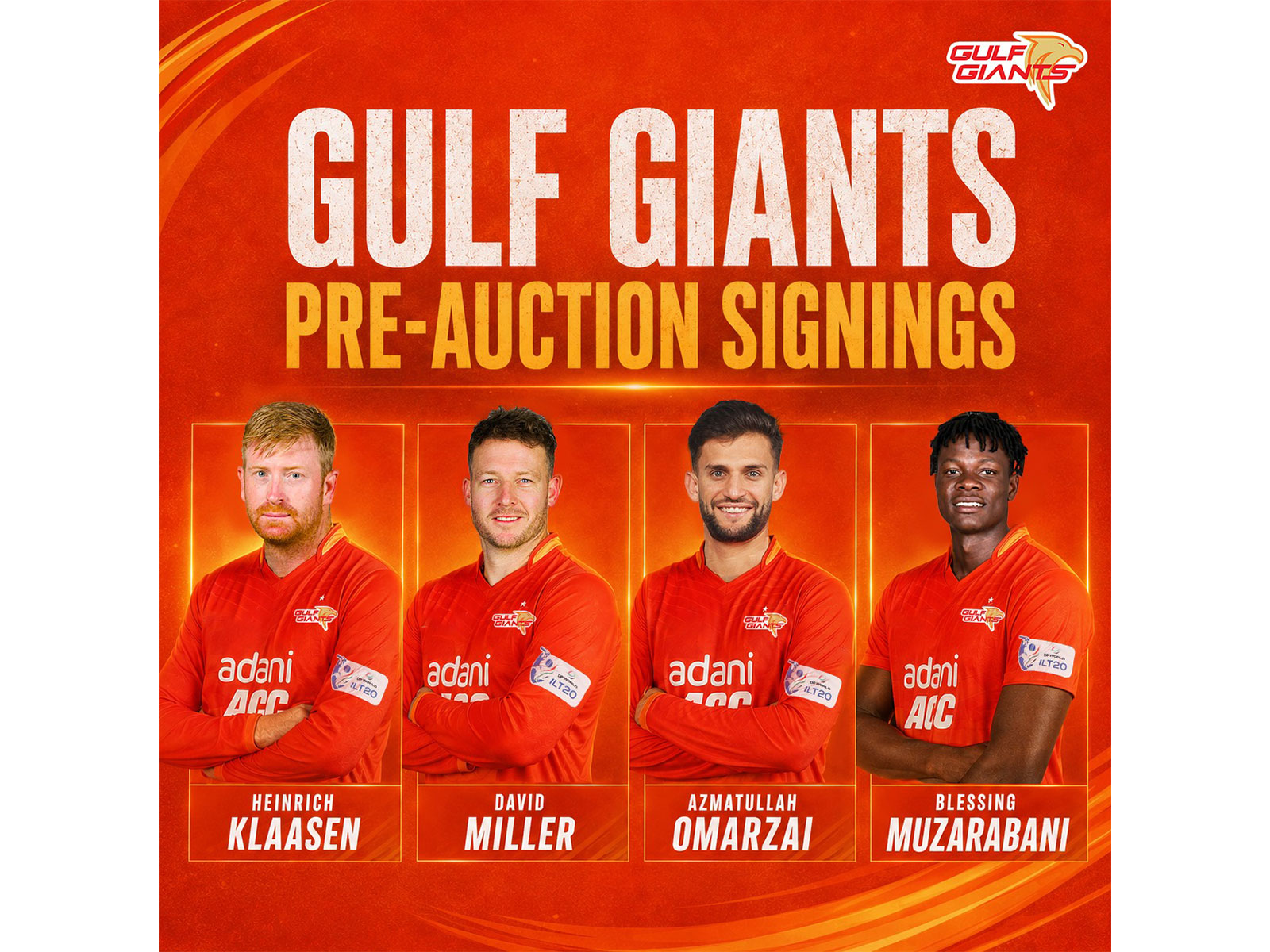 Heinrich Klaasen, David Miller, Azmatullah Omarzai and Blessing Muzarabani are Gulf Giants' pre-auction signings for World ILT20 season five (Photo: World ILT20)