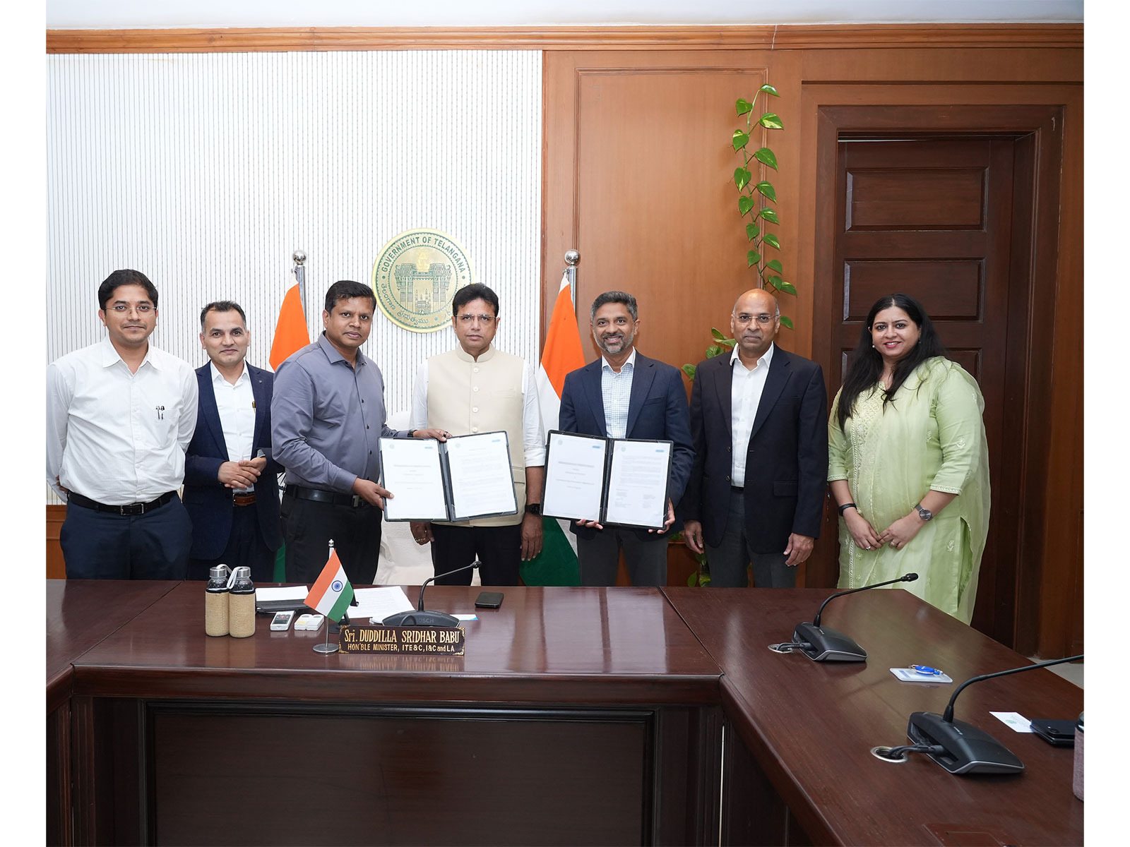 L-R: Nikhil Charavarthi, Sarvesh Singh, Krishna Aditya, Shri D. Sridhar Babu, Naveen Gullapalli, Srini Kosaraju, Anumita Tripathi