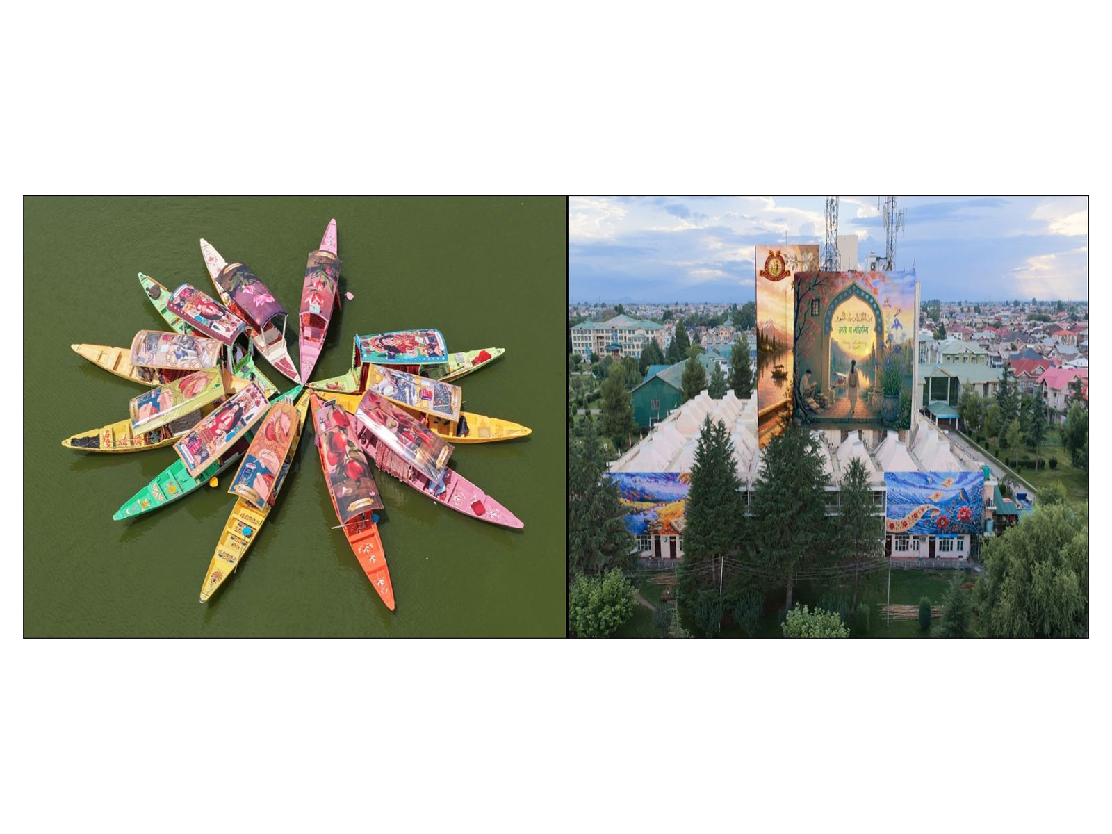 L to R - Aks-e-Kashmir, which reimagines 40 shikaras on Dal Lake, and the Kashmir chapter of Donate A Wall with a mural at the University of Kashmir