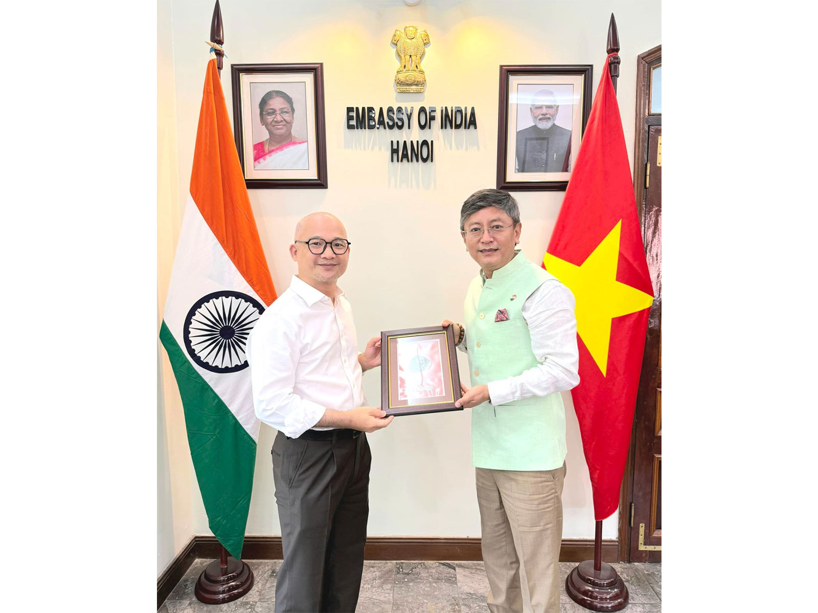 Indian Ambassador to Vietnam, Tshering W Sherpa (Right) meeting Vietnam's Ambassador-designate to India, Trinh Minh Manh (Photo/X/@AmbHanoi)
