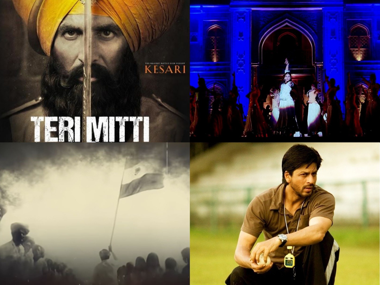 L-R Teri Mitti (Photo/ZeeMusicCompany), Des Rangila (Photo/YRF), Vande Mataram (Photo/AR Rahman) and Chake De India song (Photo/YRF)