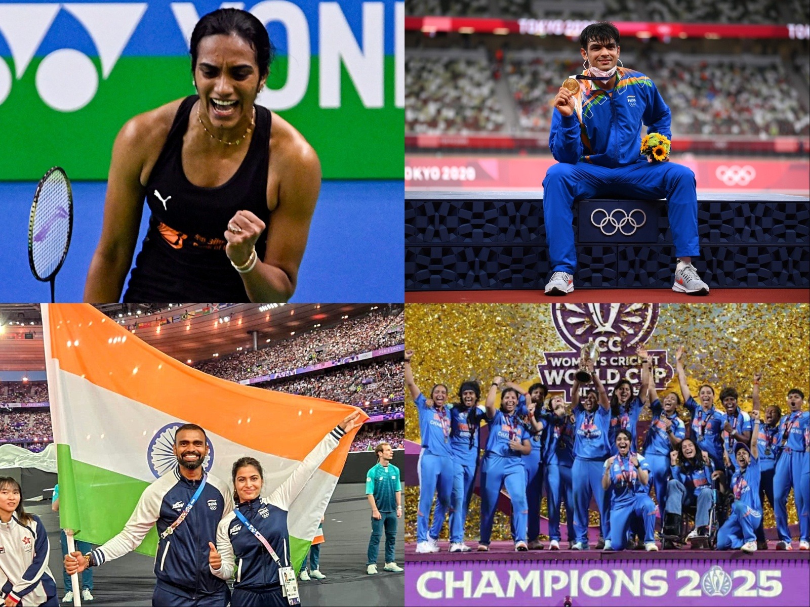 Indian badminton star PV Sindhu, Olympic champion Neeraj Chopra, Indian athletes celebrating at the Olympics, and the Indian women's cricket team celebrating their 2025 World Cup triumph. (Photo: ANI and ICC)