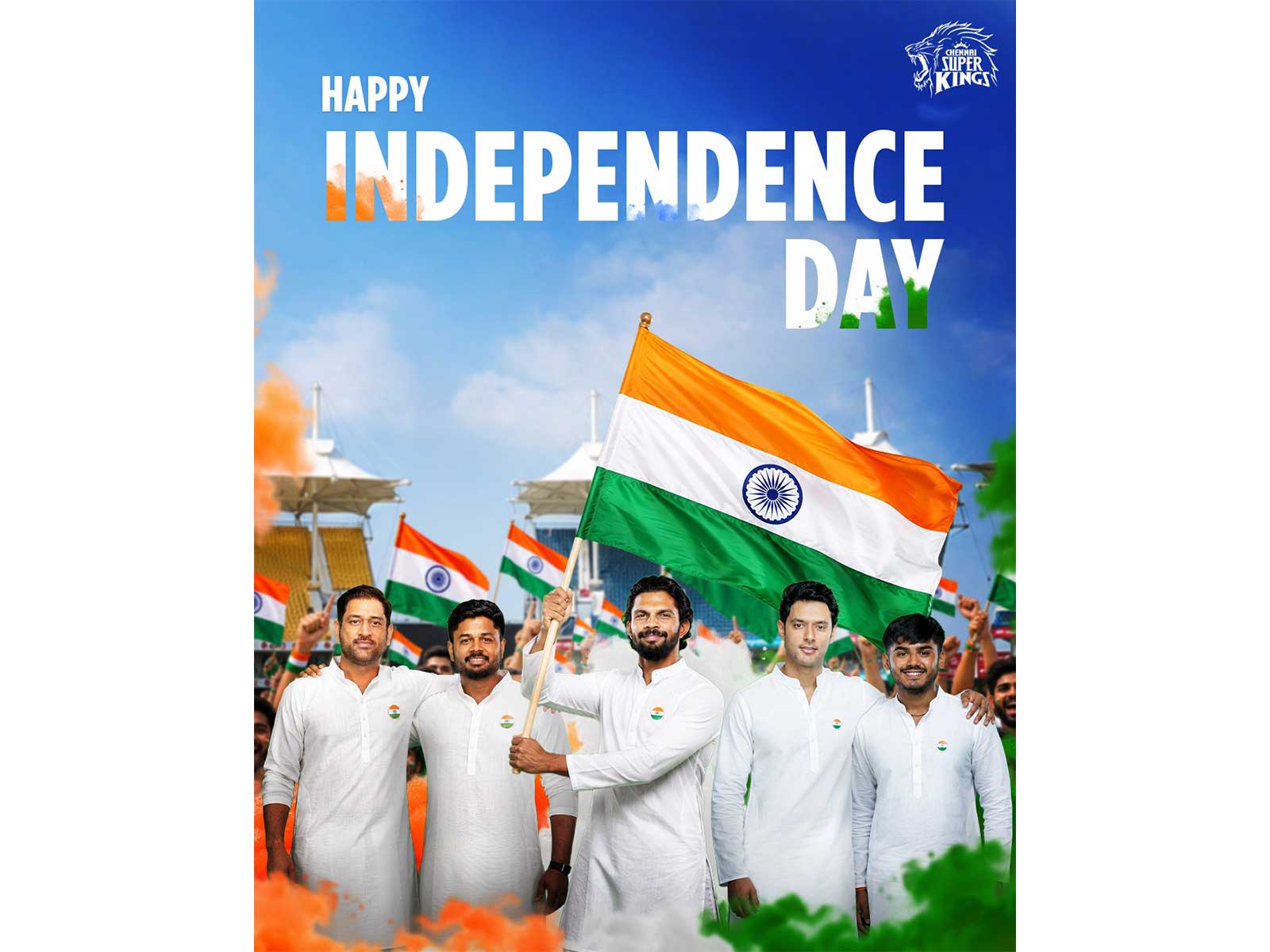 Indian cricket stars celebrate the 80th Independence Day with the Tricolour in a special patriotic post shared by Chennai Super Kings. (Photo: X/@ChennaiIPL)