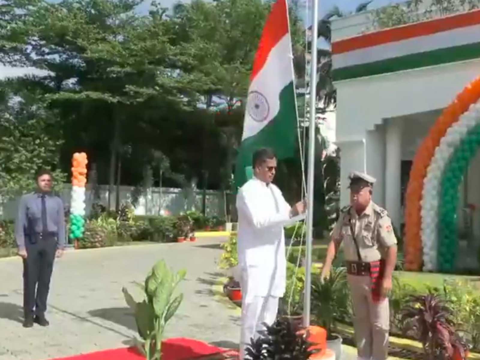 Trioura CM Manik Saha hoists Tricolour at residence (Photo: ANI)
