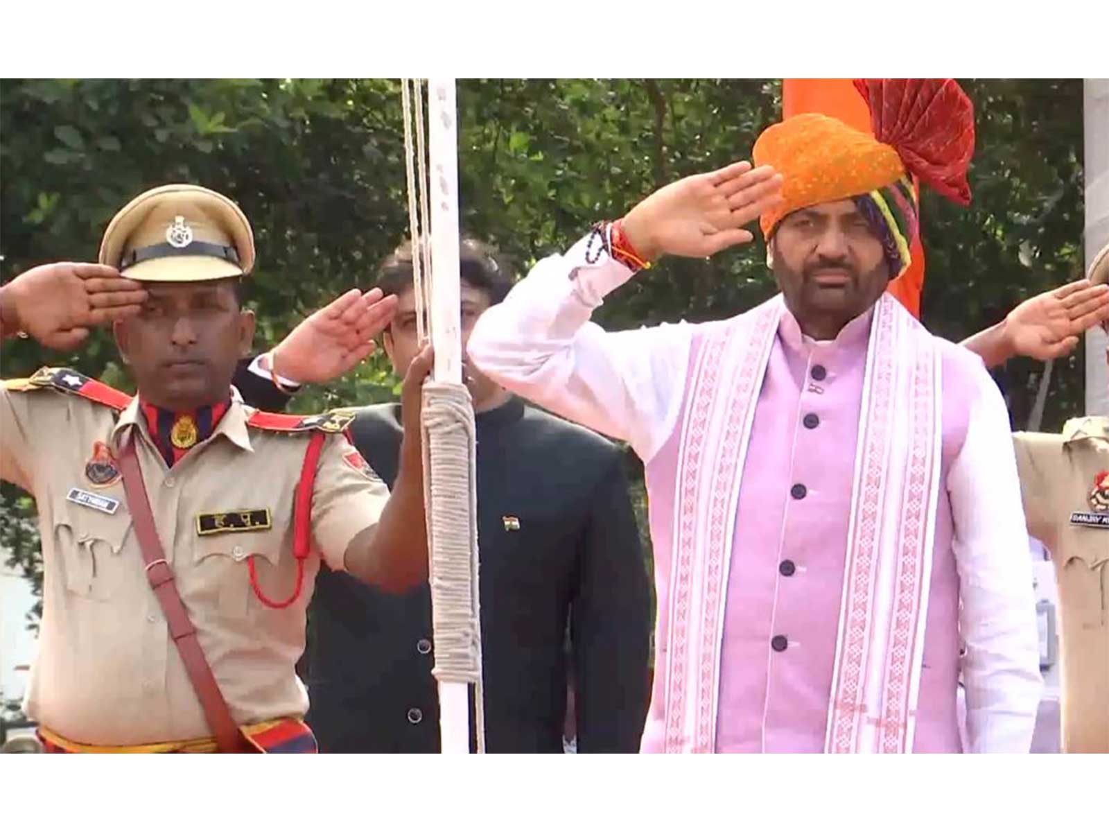 Haryana CM Nayab Singh Saini hoists the National Flag on the 80th Independence Day in Hansi (Photo: ANI)