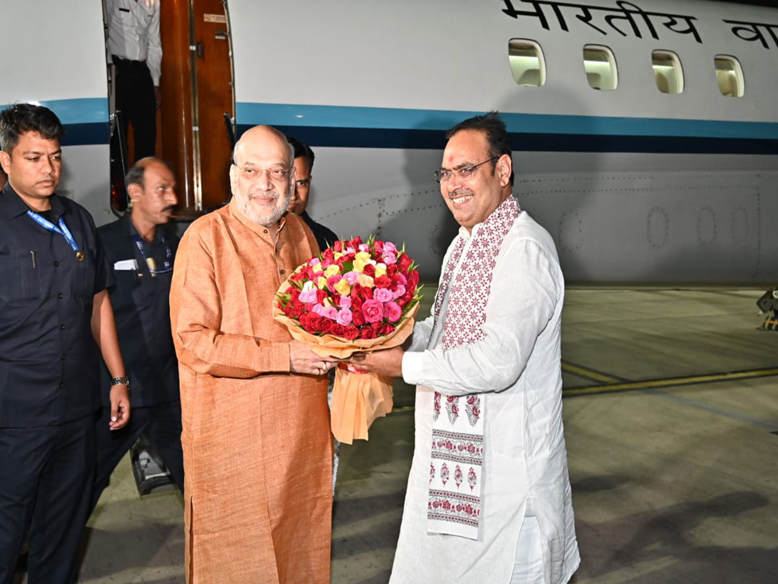 Union Minister Amit Shah and Rajasthan CM Bhajanlal Sharma at Dabok airport (Photo/DIPR Udaipur)
