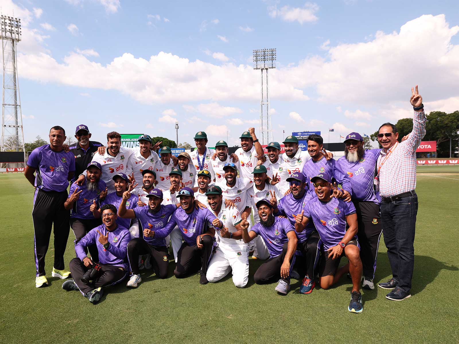Bangladesh players and staff celebrating after historic Test win over Australia in Darwin (Photo: X/@cricketcomau)