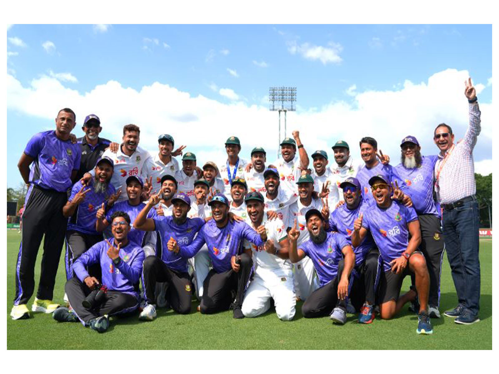 Bangladesh players and staff celebrating after historic Test win over Australia in Darwin (Photo: X/@BCBtigers)