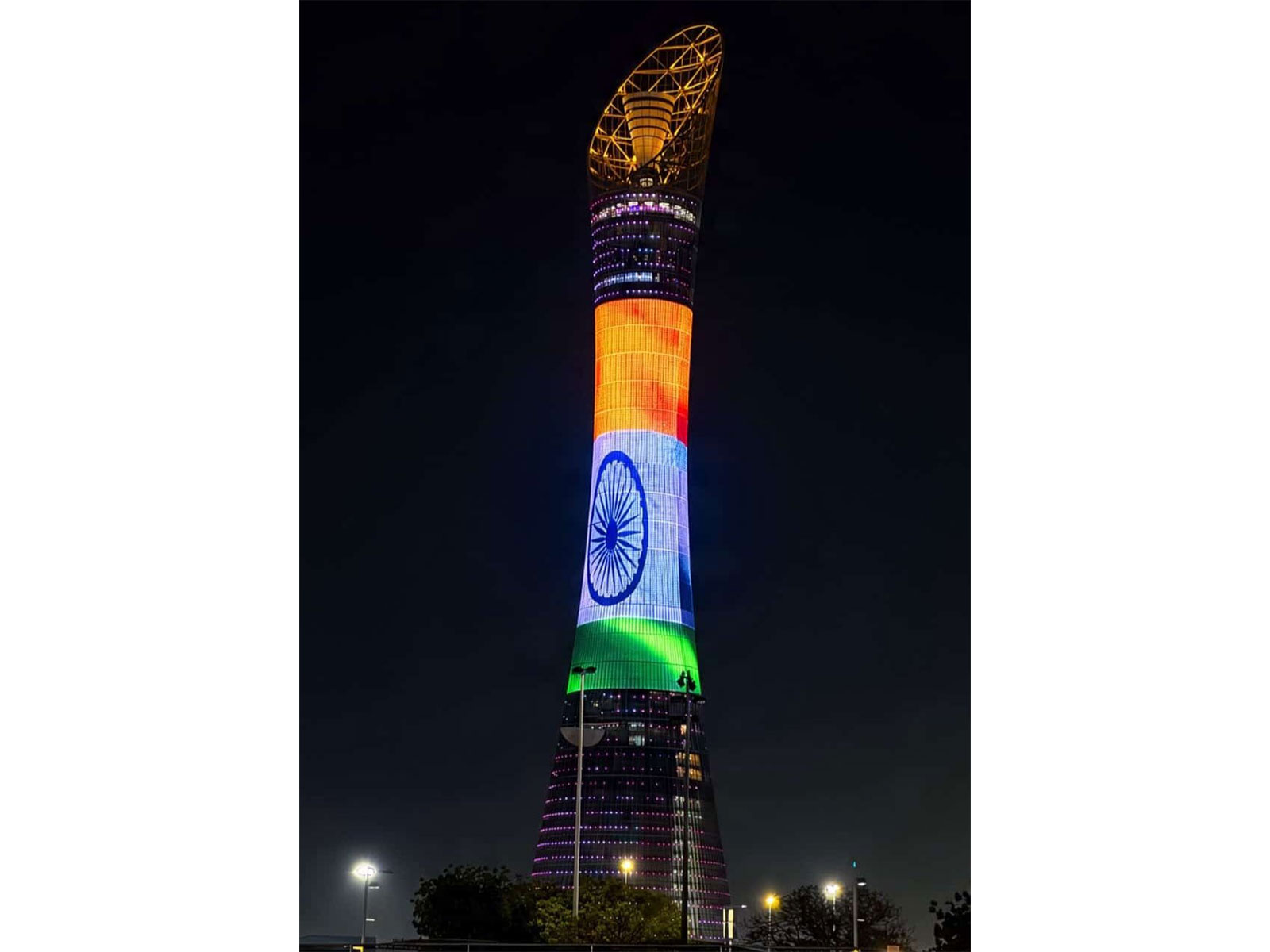 Doha's Torch Tower lights up in Tricolour (Photo/X@IndEmbDoha)