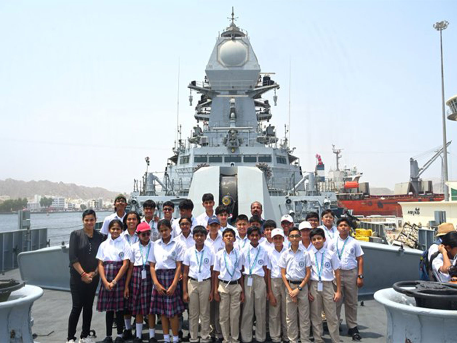 More than 200 students from Indian schools in Muscat visit Indian Naval Ship (INS) Imphal at Sultan Qaboos Port in Oman. (Photo: X/@Indemb_Muscat)
