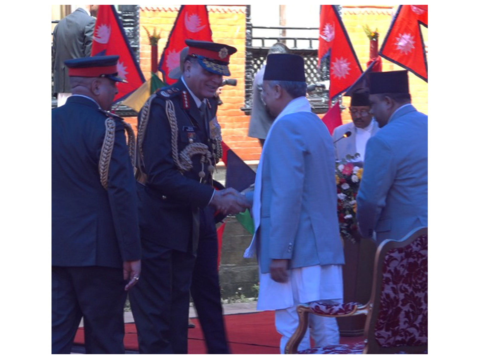 Indian Army Chief General Dhiraj Seth receives the Honorary Rank of General of the Nepali Army from Nepal President Ram Chandra Paudel at an Investiture Ceremony in Kathmandu. (Photo/ANI)