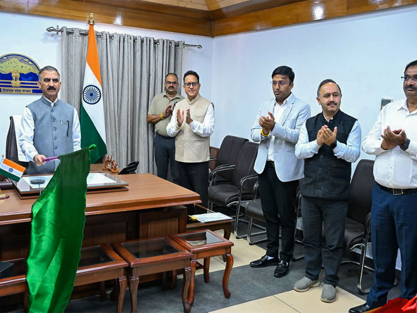 Himachal Pradesh Chief Minister Sukhvinder Singh Sukhu virtually flags off 25 e-buses for Mandi district (Photo/ANI)